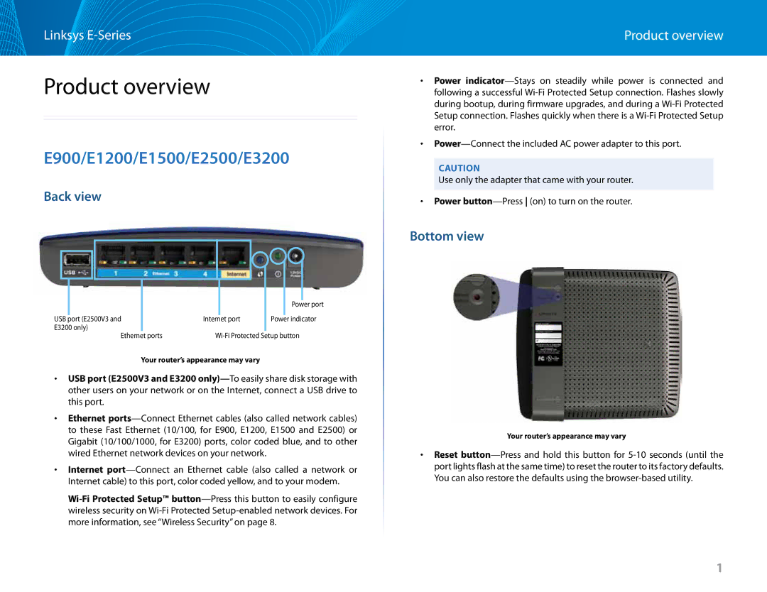 Linksys manual Product overview, E900/E1200/E1500/E2500/E3200, Back view, Bottom view 