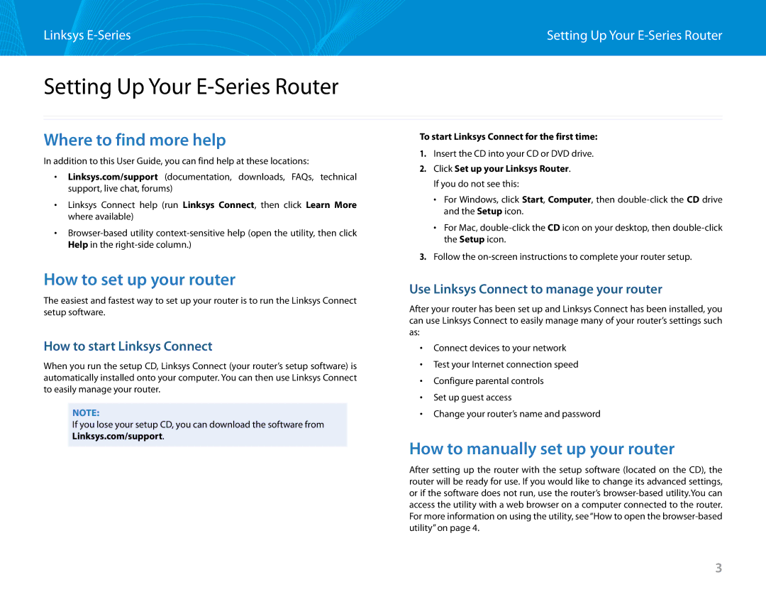 Linksys E2500 manual Setting Up Your E-Series Router, Where to find more help, How to set up your router 