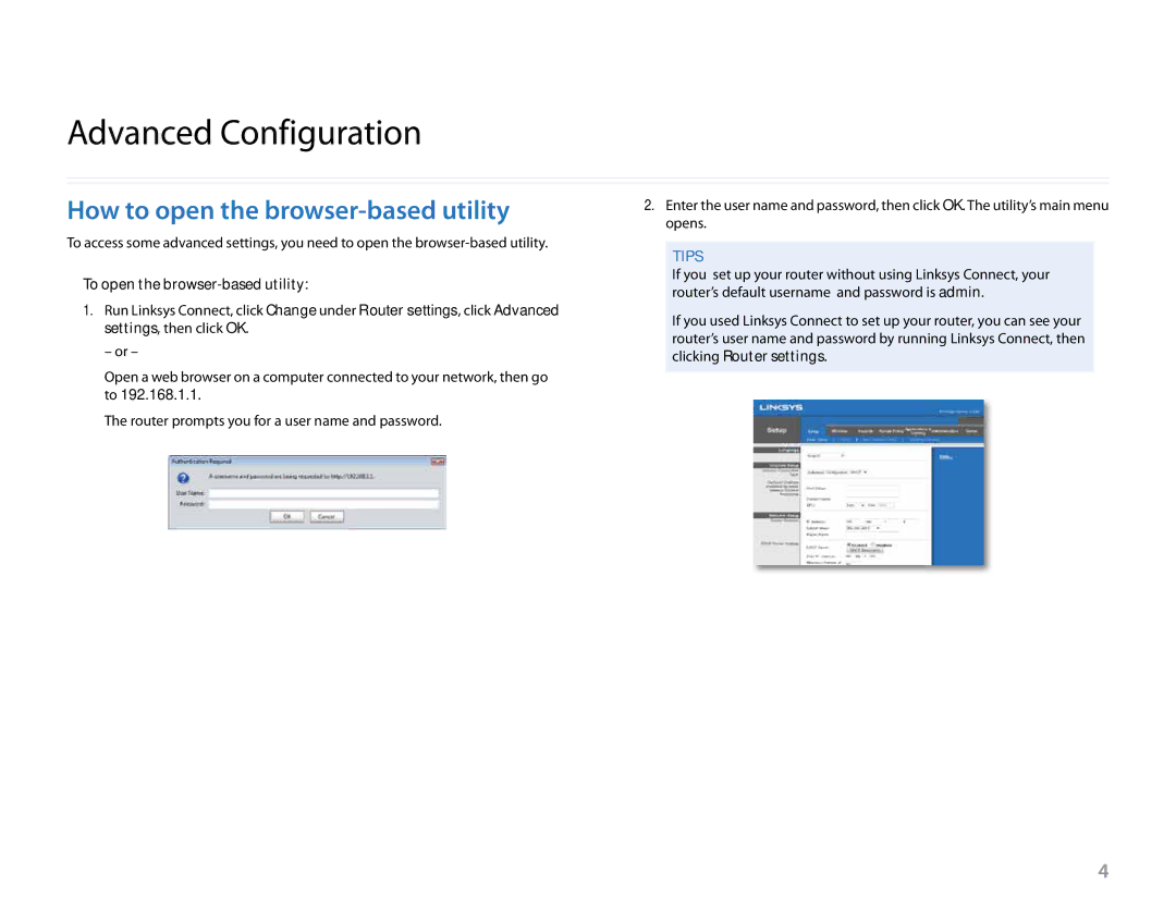 Linksys E2500 manual Advanced Configuration, How to open the browser-based utility, To open the browser-based utility 