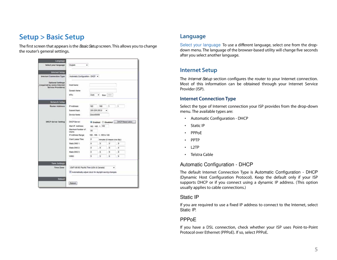 Linksys E2500 manual Setup Basic Setup, Language, Internet Setup 