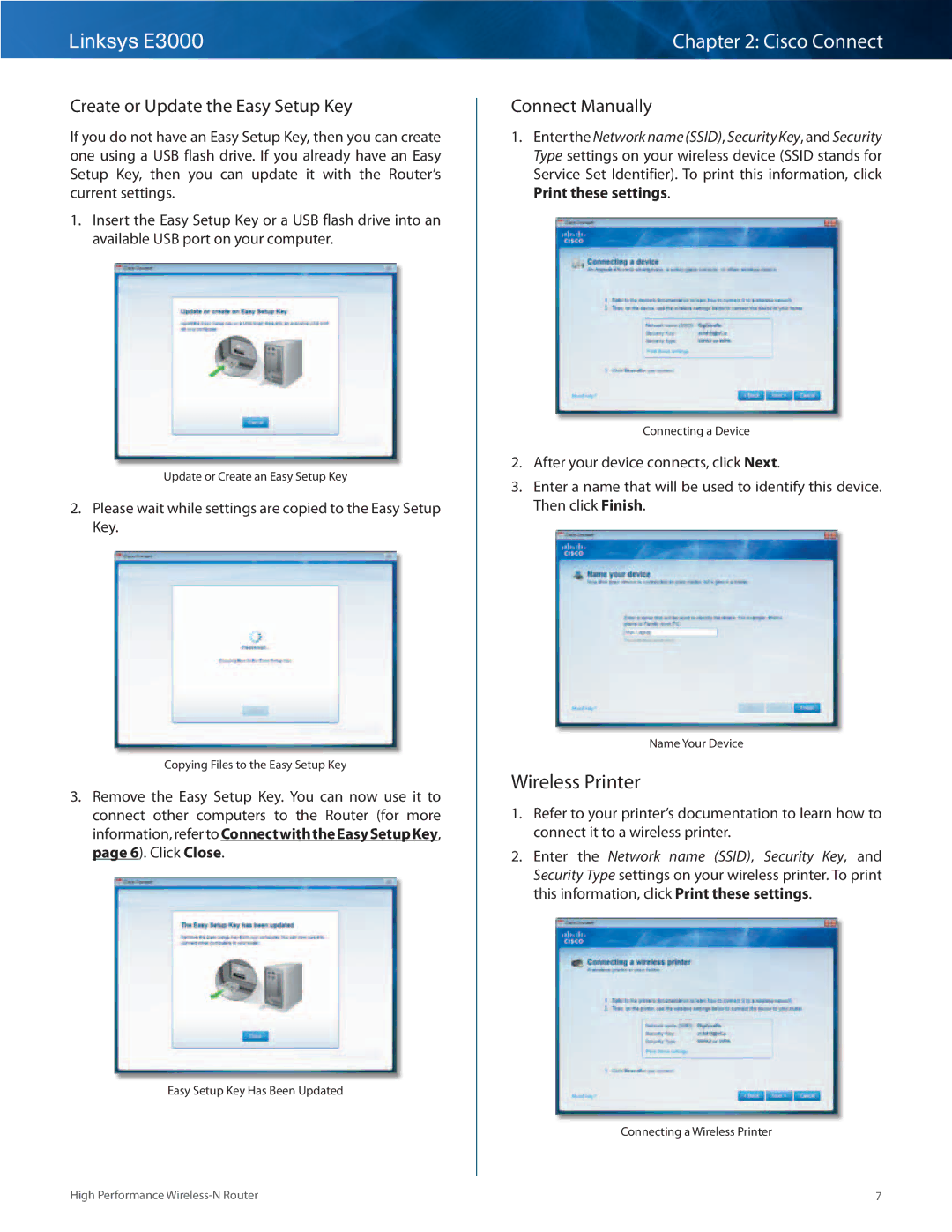 Linksys E3000 manual Wireless Printer, Create or Update the Easy Setup Key, Connect Manually 