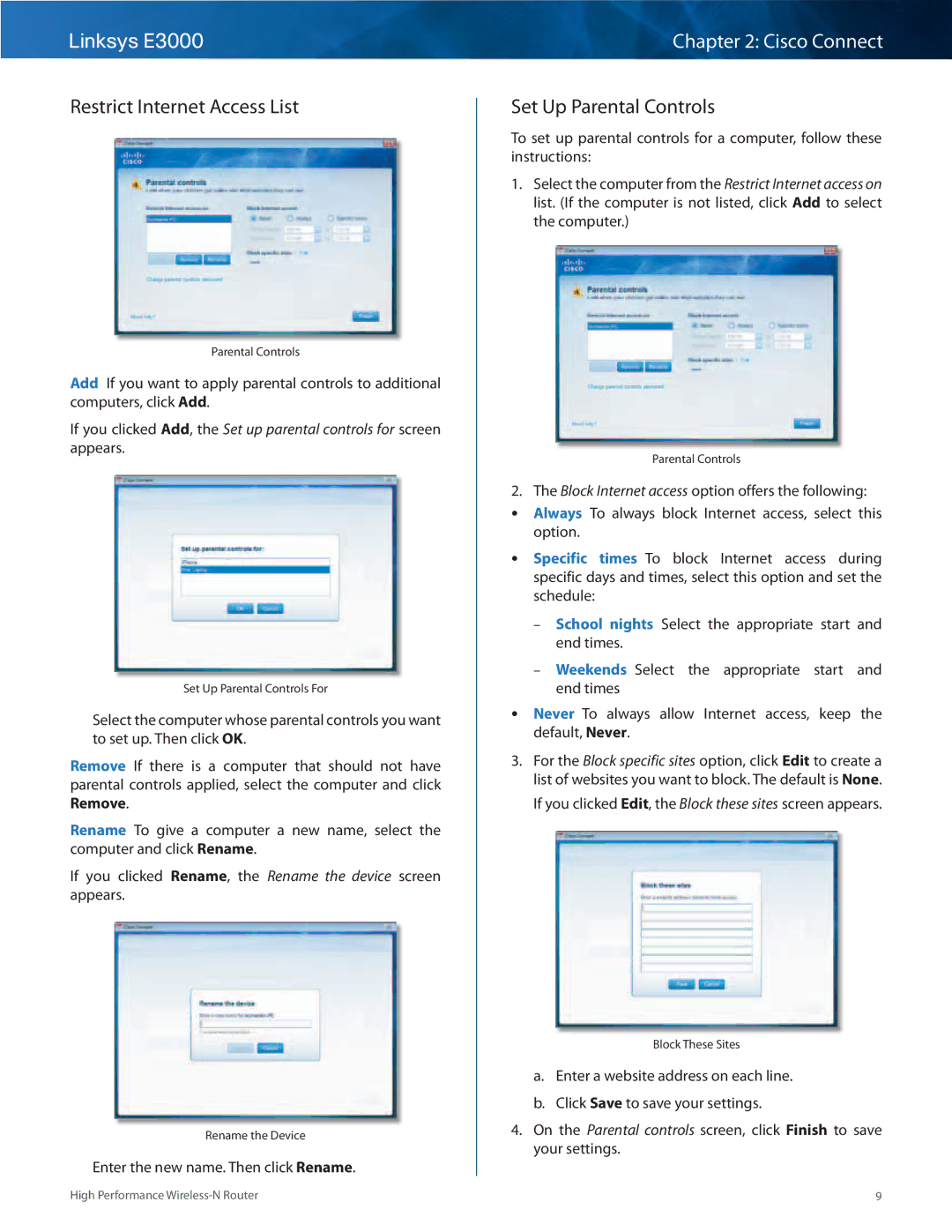 Linksys E3000 manual Restrict Internet Access List, Set Up Parental Controls 