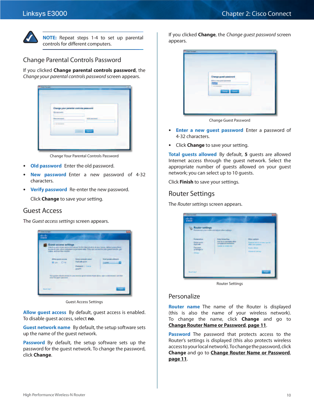 Linksys E3000 manual Guest Access, Router Settings, Change Parental Controls Password, Personalize 