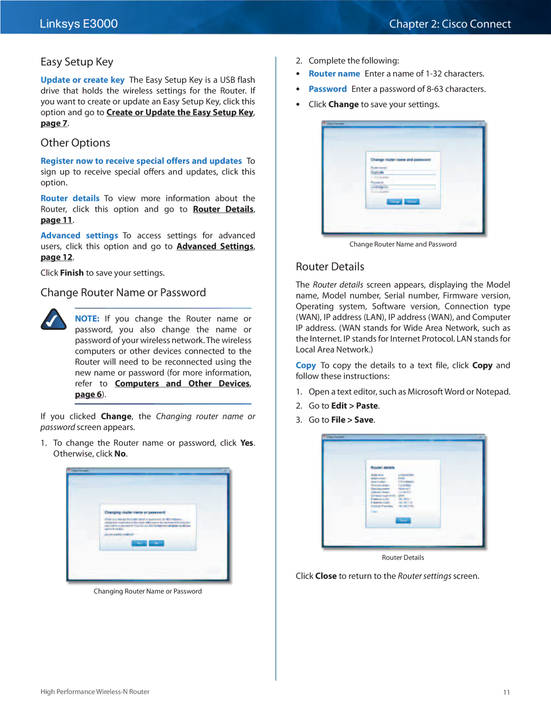 Linksys E3000 manual Easy Setup Key, Other Options, Change Router Name or Password, Router Details 