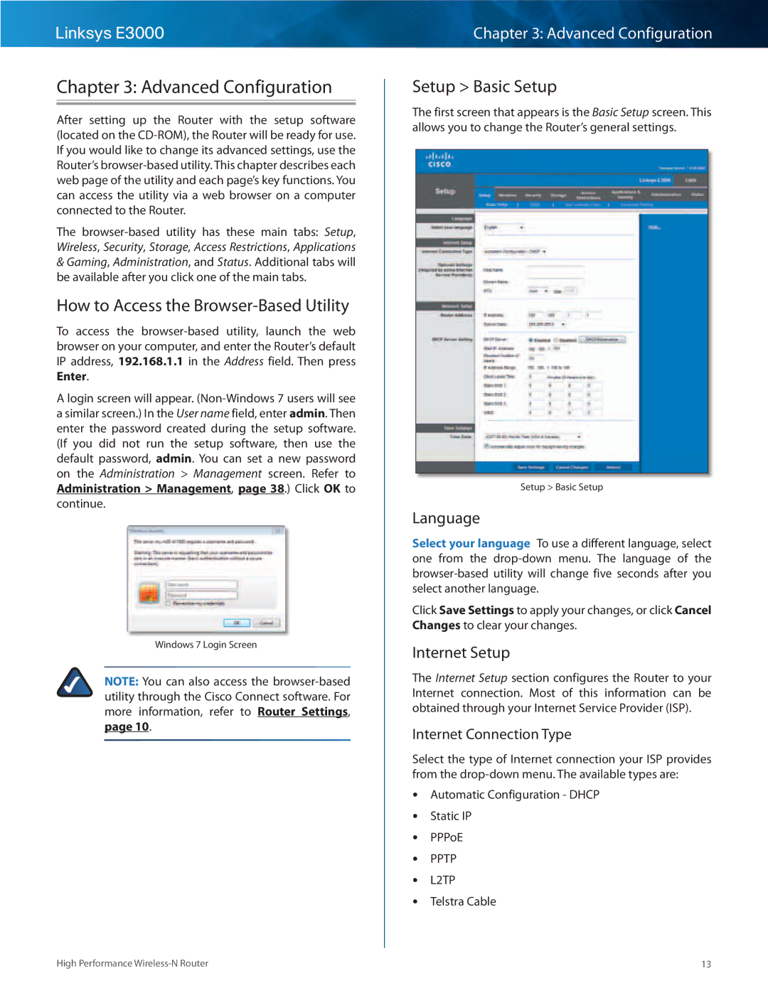 Linksys E3000 Advanced Configuration, How to Access the Browser-Based Utility, Setup Basic Setup, Language, Internet Setup 