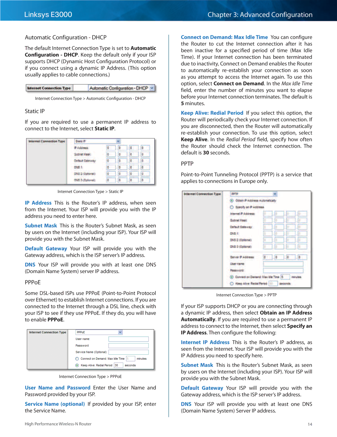 Linksys E3000 manual Automatic Configuration Dhcp, Static IP, PPPoE 