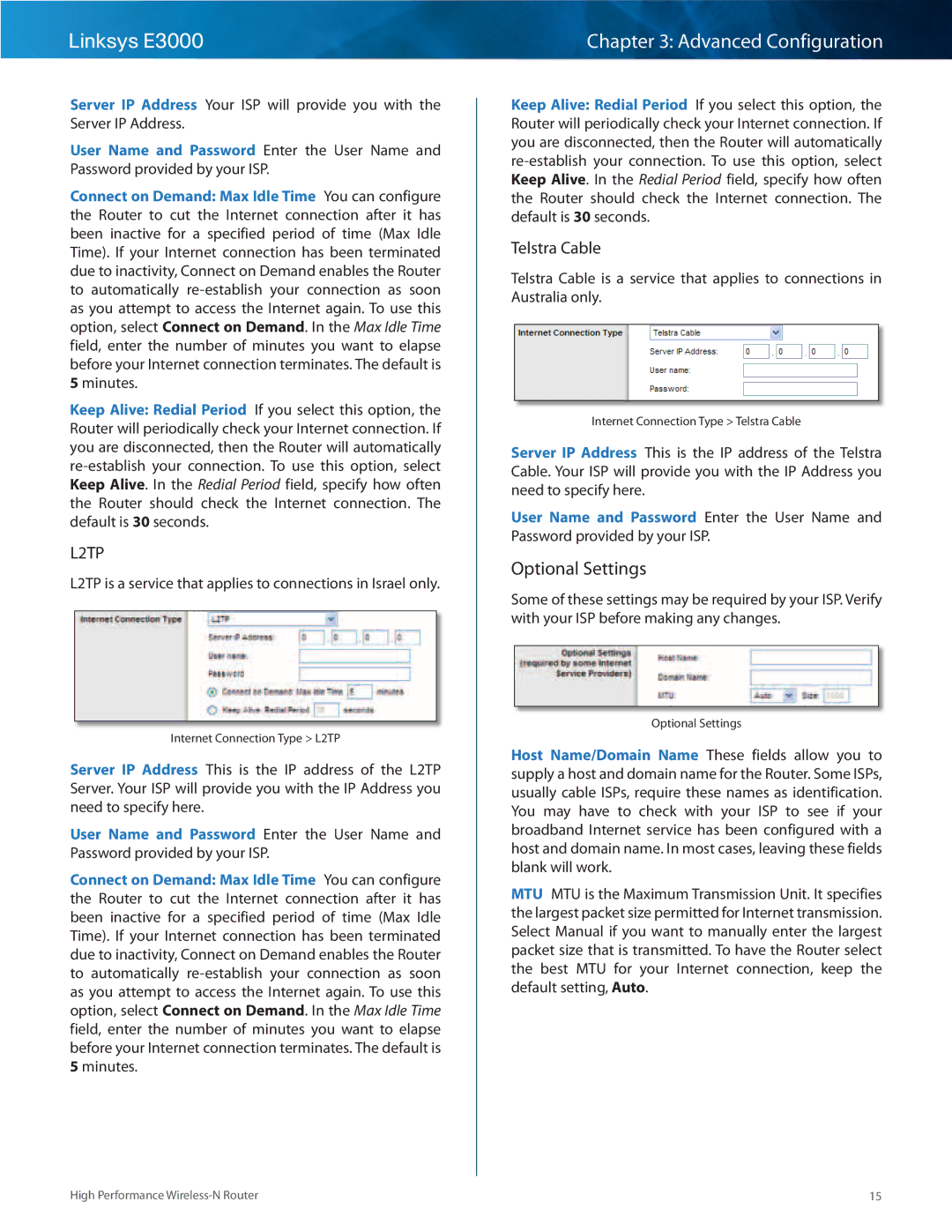 Linksys E3000 manual Optional Settings, Telstra Cable 