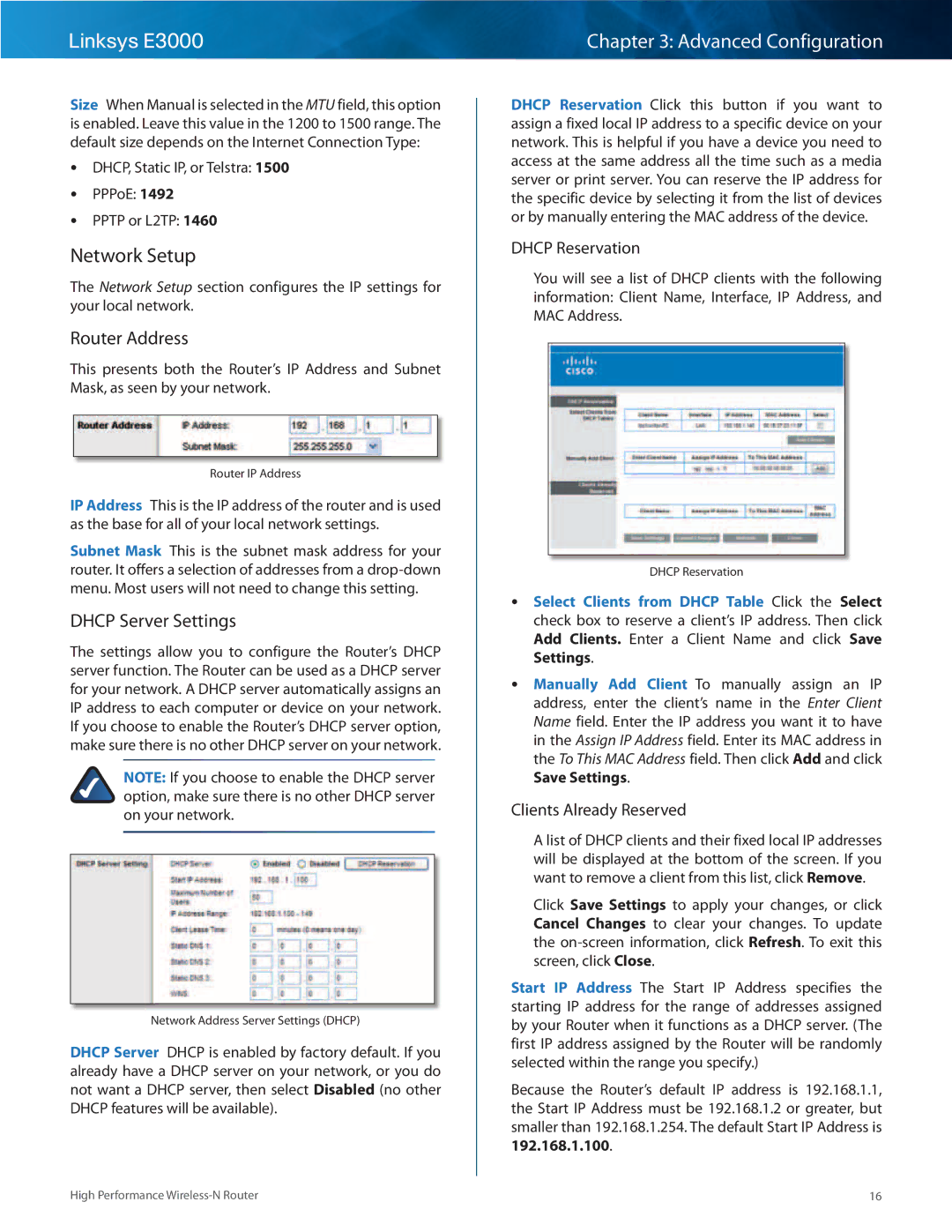 Linksys E3000 manual Network Setup, Router Address, Dhcp Server Settings, Dhcp Reservation, Clients Already Reserved 