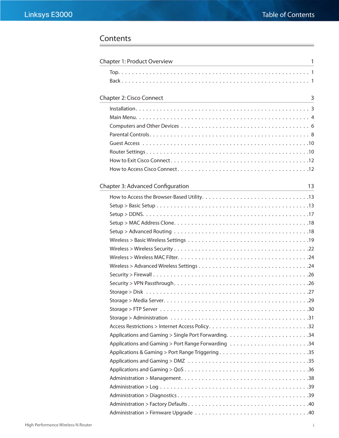 Linksys E3000 manual Contents 