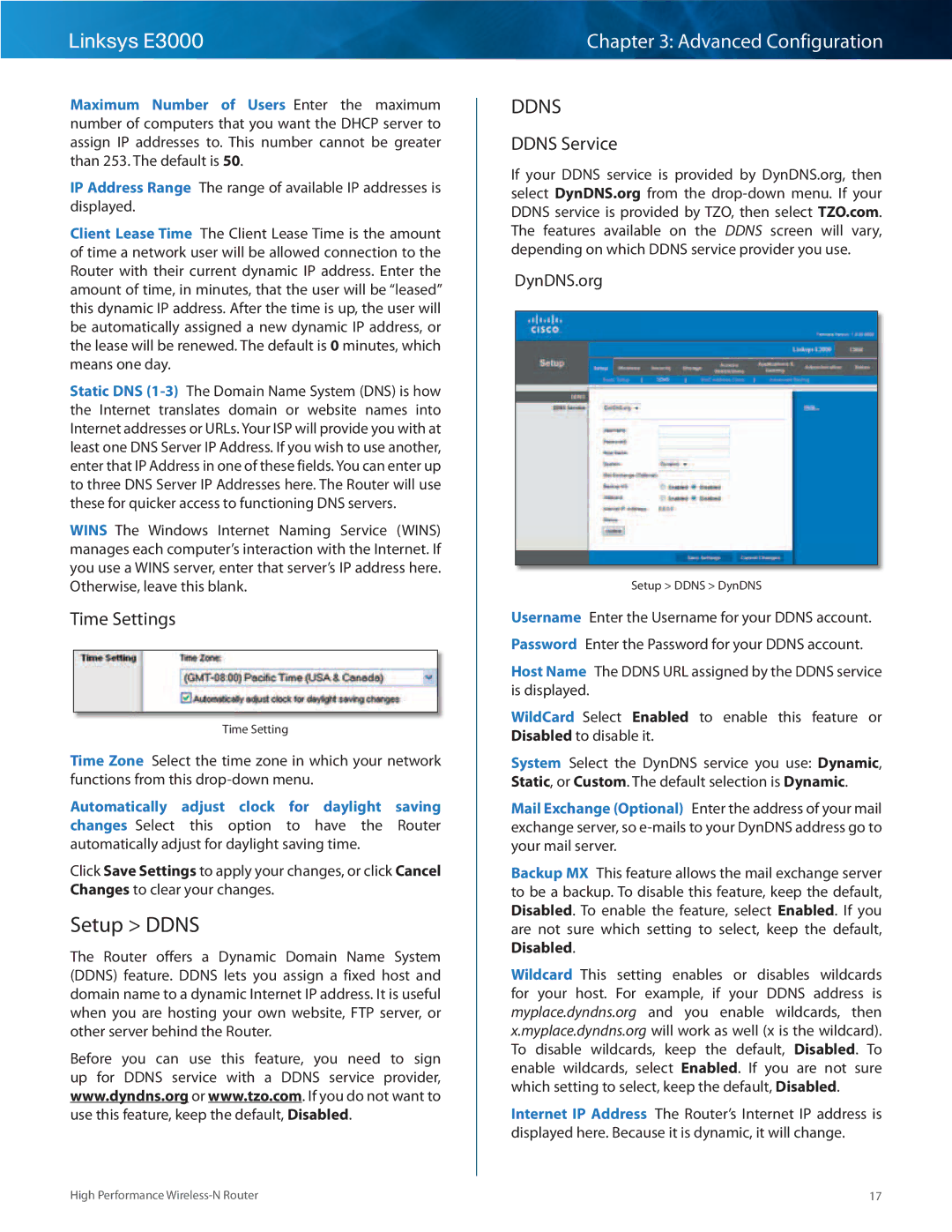 Linksys E3000 manual Setup Ddns, Time Settings, Ddns Service, DynDNS..org 