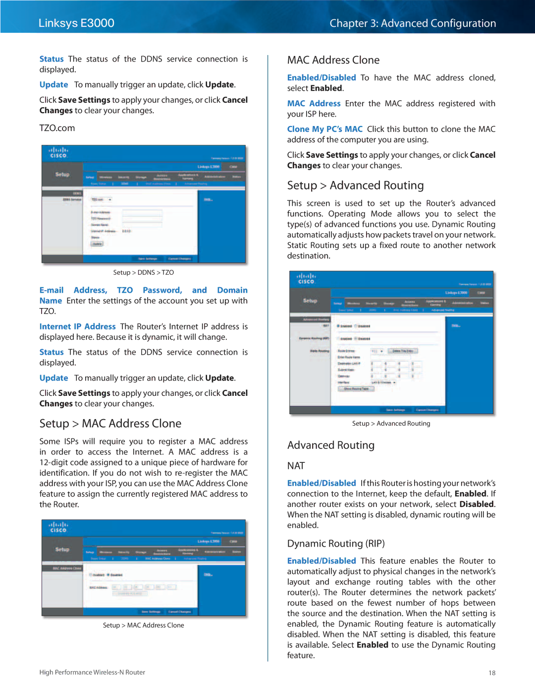 Linksys E3000 manual Setup MAC Address Clone, Setup Advanced Routing, Dynamic Routing RIP 