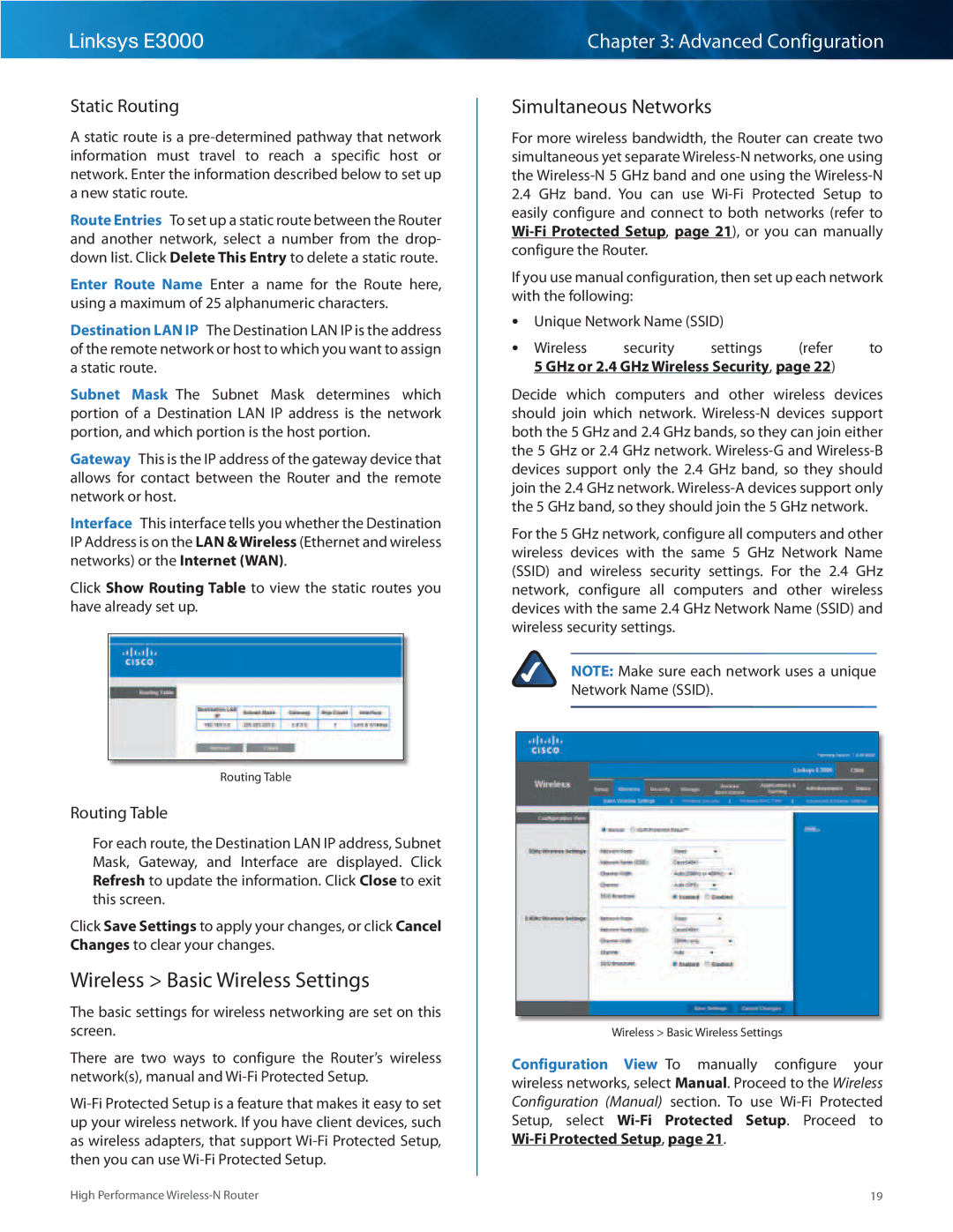 Linksys E3000 manual Wireless Basic Wireless Settings, Simultaneous Networks, Static Routing, Routing Table 