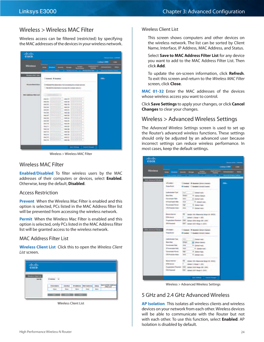Linksys E3000 manual Wireless Wireless MAC Filter, Wireless Advanced Wireless Settings, GHz and 2..4 GHz Advanced Wireless 