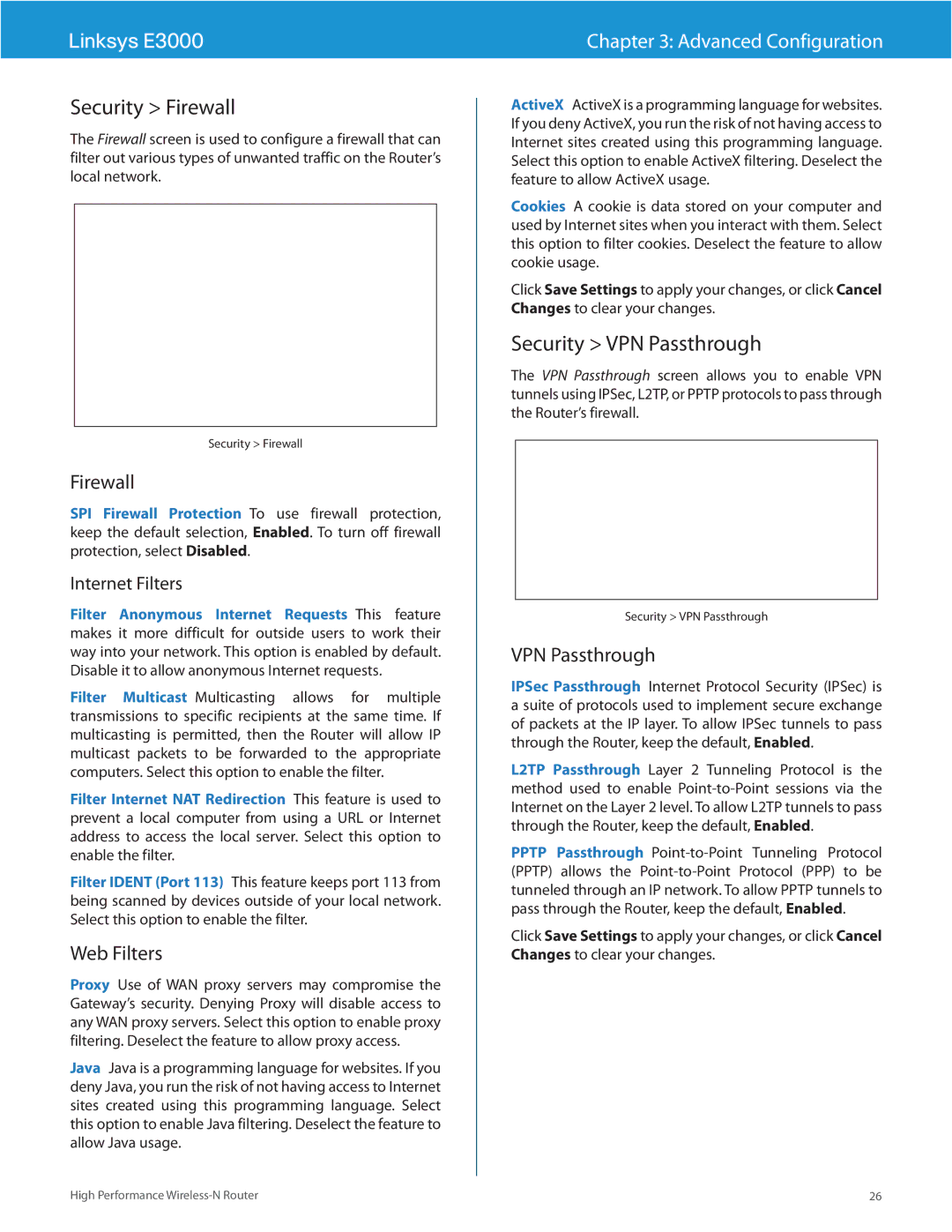 Linksys E3000 manual Security Firewall, Security VPN Passthrough, Web Filters 