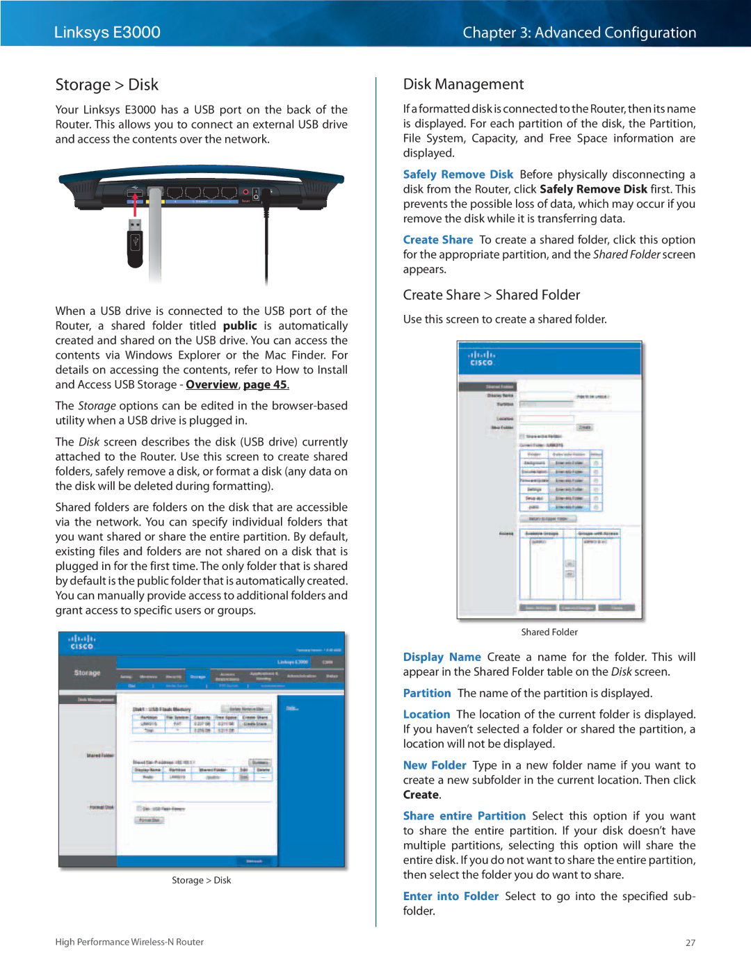 Linksys E3000 manual Storage Disk, Disk Management, Create Share Shared Folder 