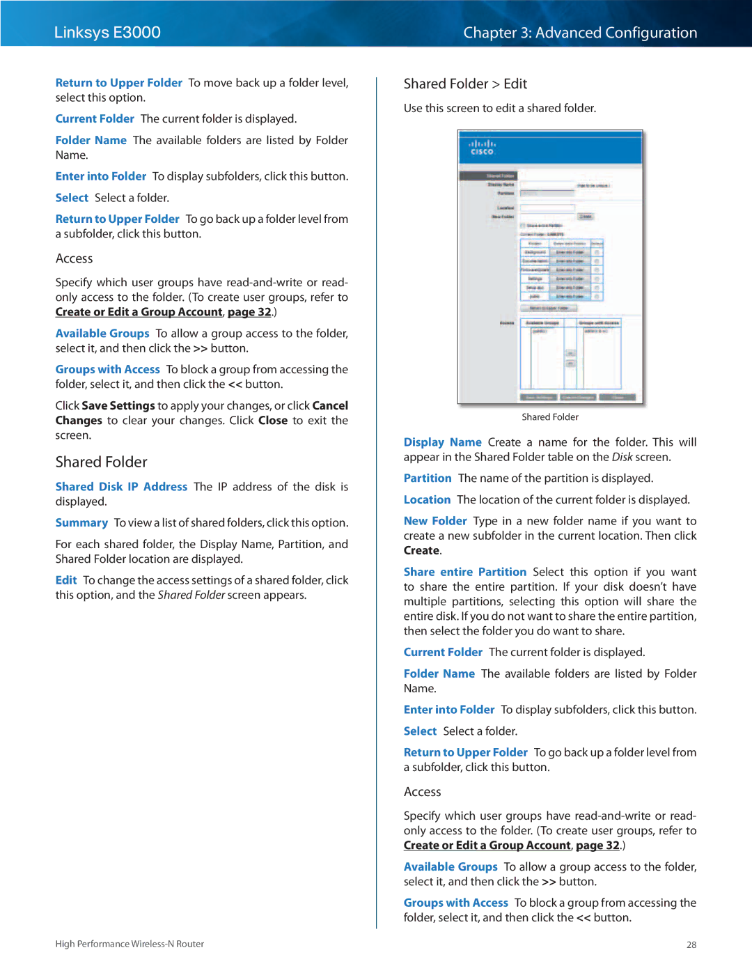 Linksys E3000 manual Shared Folder Edit, Access 