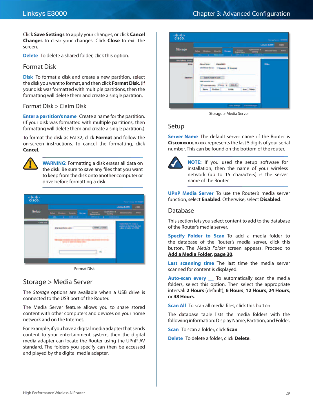 Linksys E3000 manual Storage Media Server, Setup, Database, Format Disk Claim Disk 