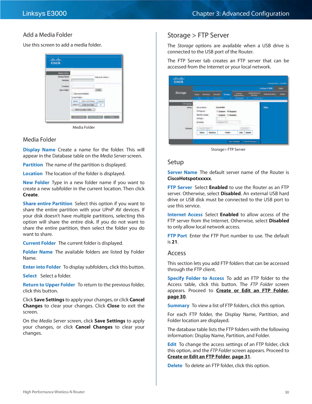 Linksys E3000 manual Storage FTP Server, Access, Add a Media Folder 