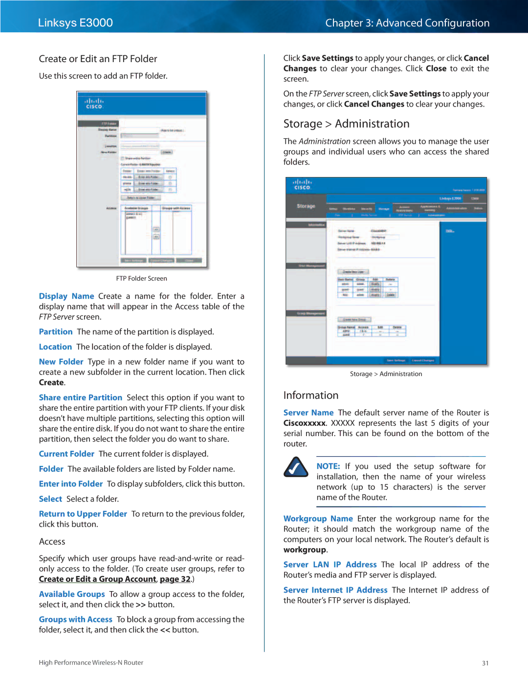 Linksys E3000 manual Storage Administration, Information, Create or Edit an FTP Folder 