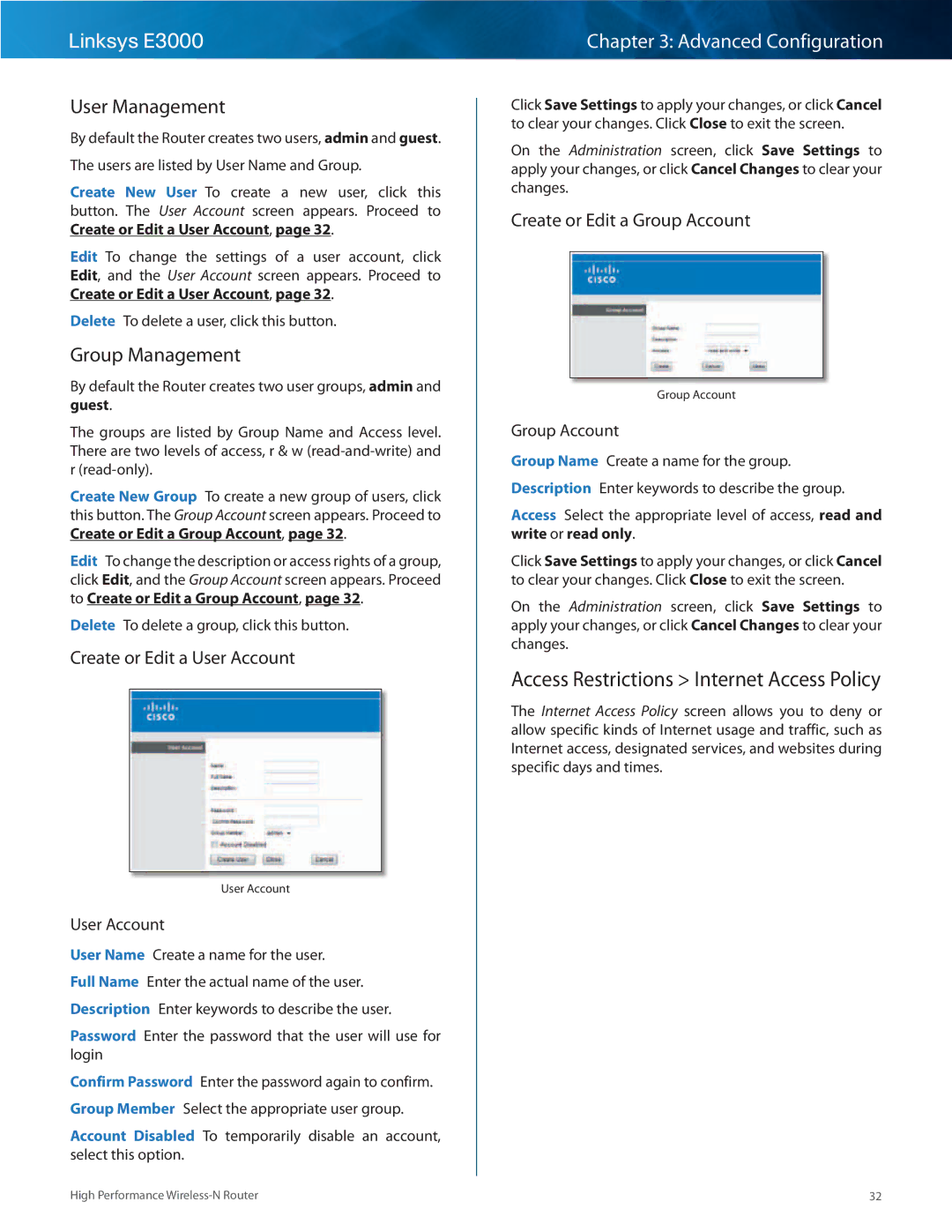 Linksys E3000 manual User Management, Group Management, Create or Edit a User Account, Create or Edit a Group Account 