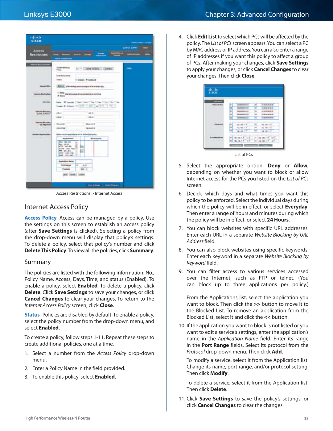 Linksys E3000 manual Internet Access Policy, Summary 