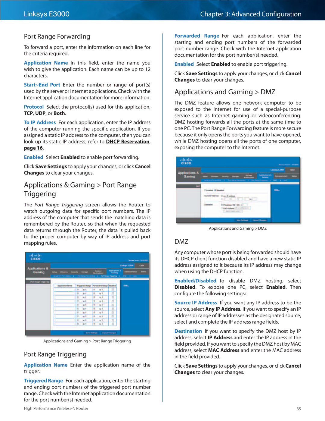 Linksys E3000 manual Applications & Gaming Port Range Triggering, Applications and Gaming DMZ, Port Range Forwarding 