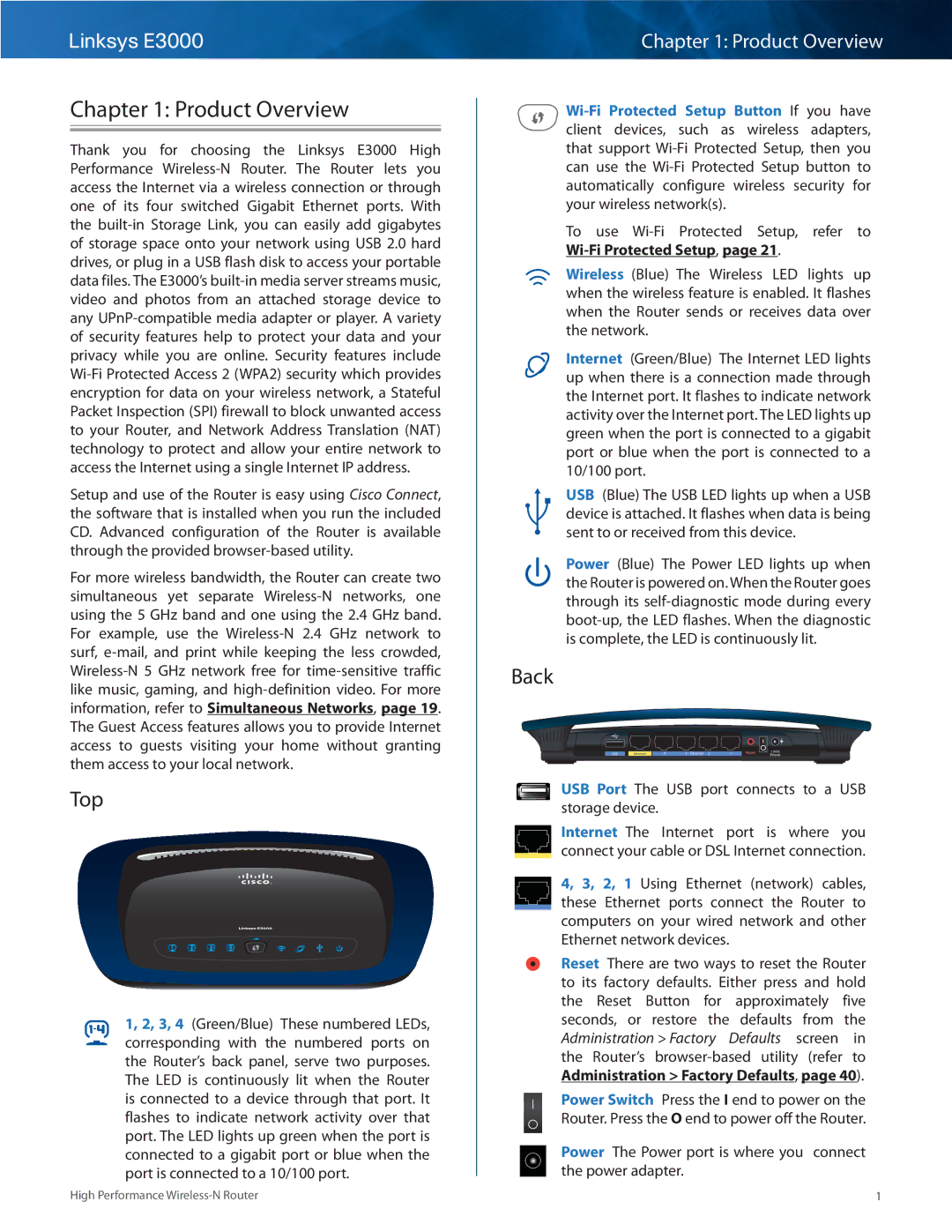 Linksys E3000 manual Product Overview, Top, Back 