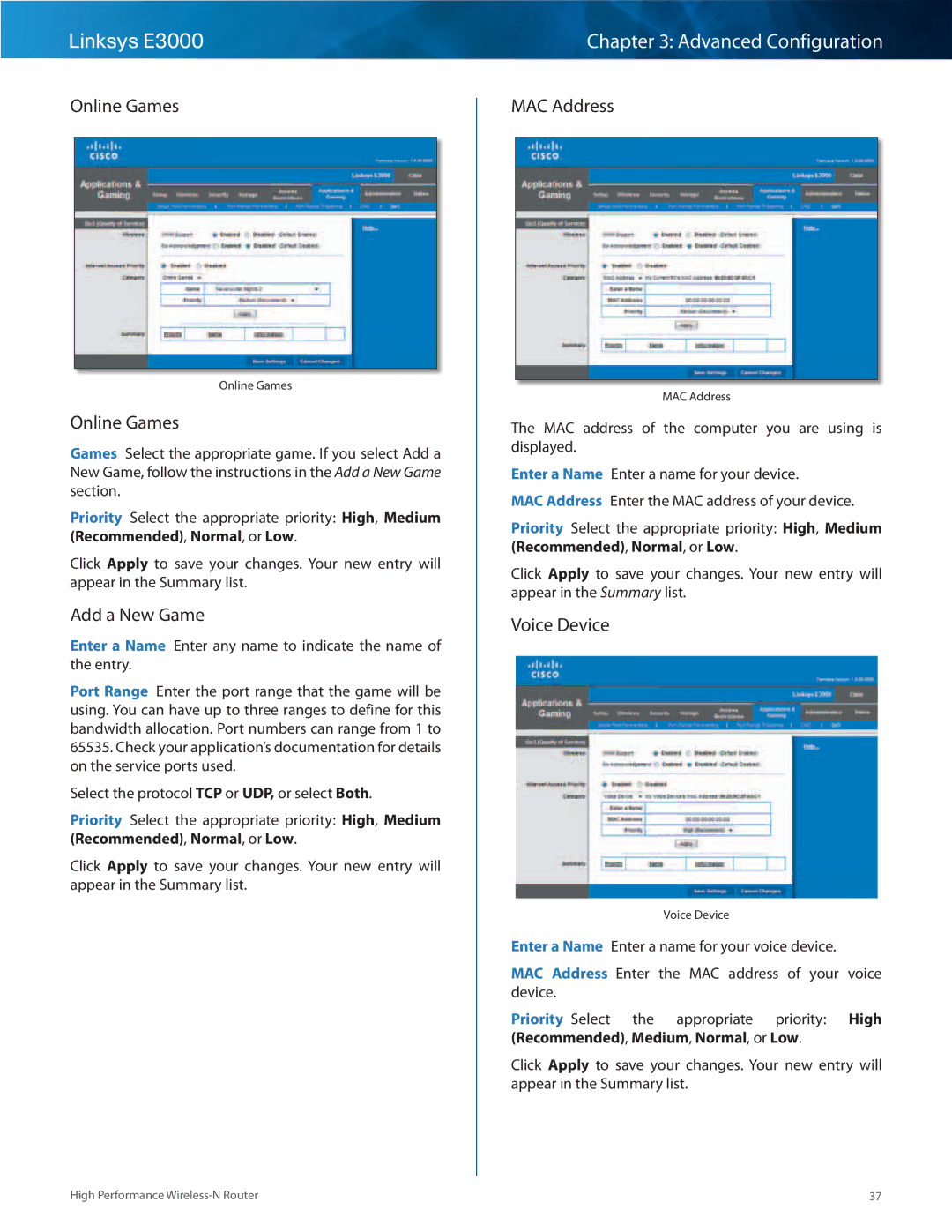 Linksys E3000 manual Online Games, Add a New Game, MAC Address, Voice Device 