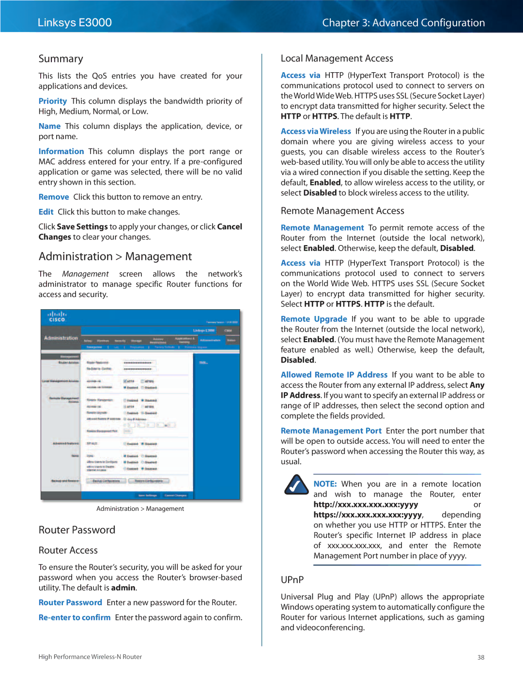 Linksys E3000 manual Administration Management, Summary, Router Password 