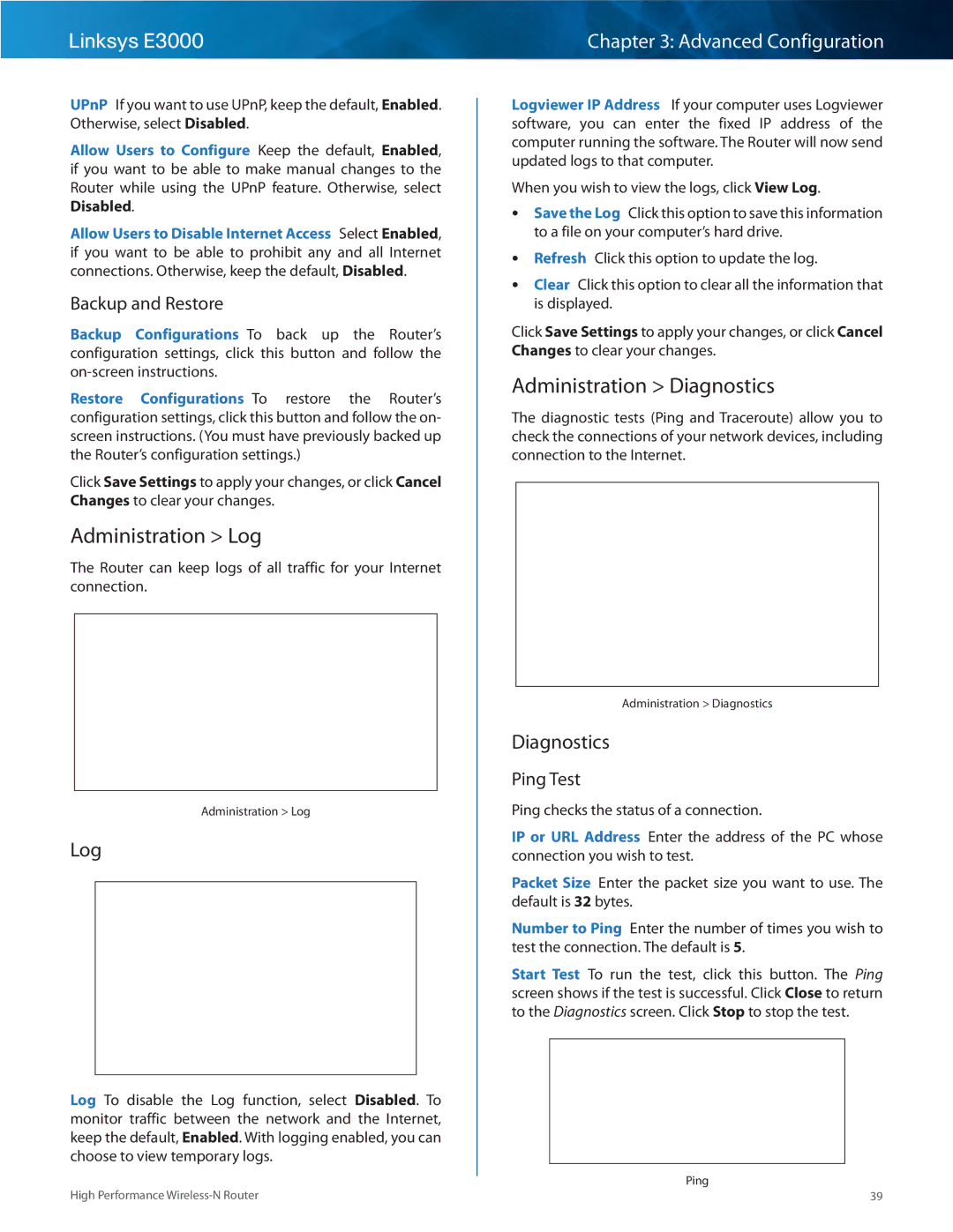 Linksys E3000 manual Administration Log, Administration Diagnostics 