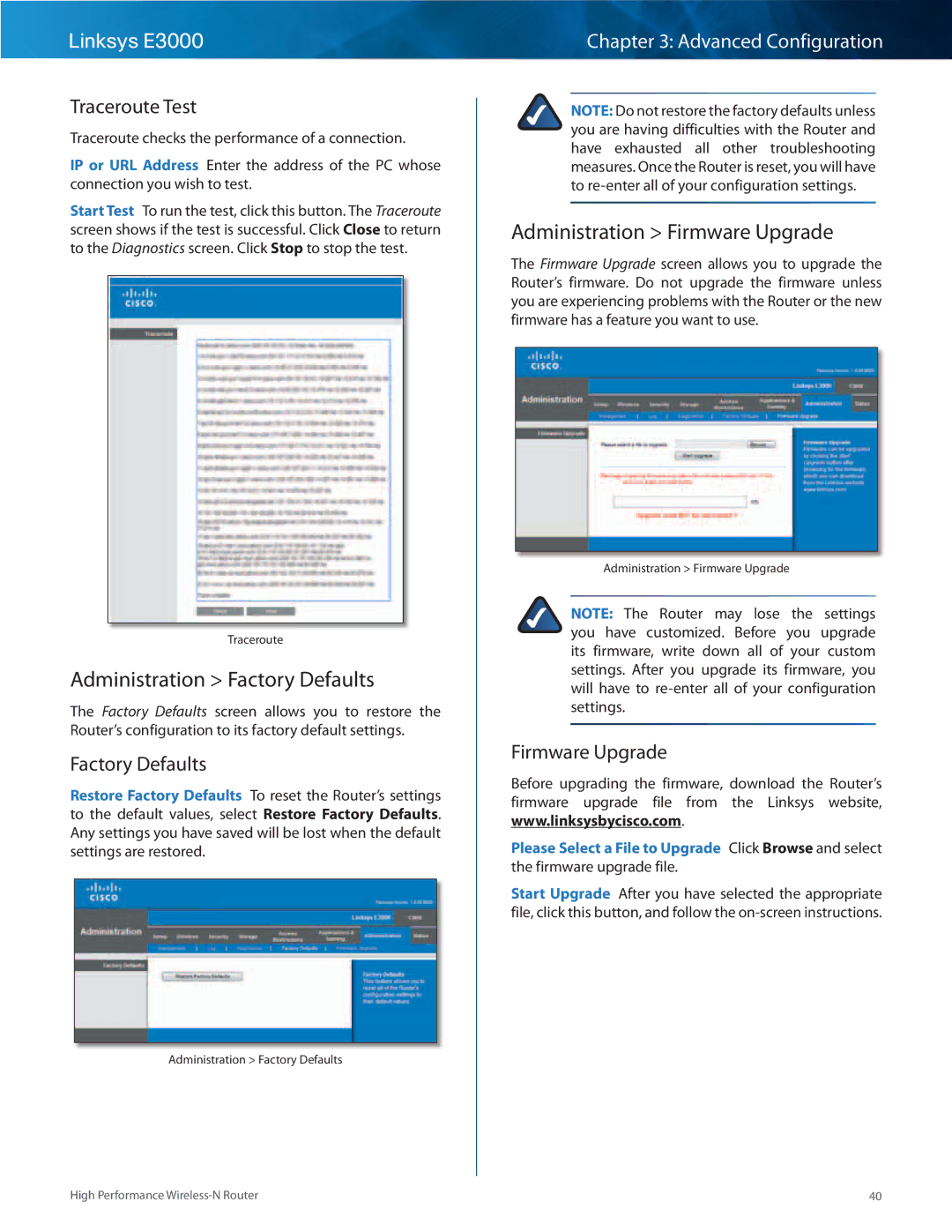 Linksys E3000 manual Administration Factory Defaults, Administration Firmware Upgrade, Traceroute Test 