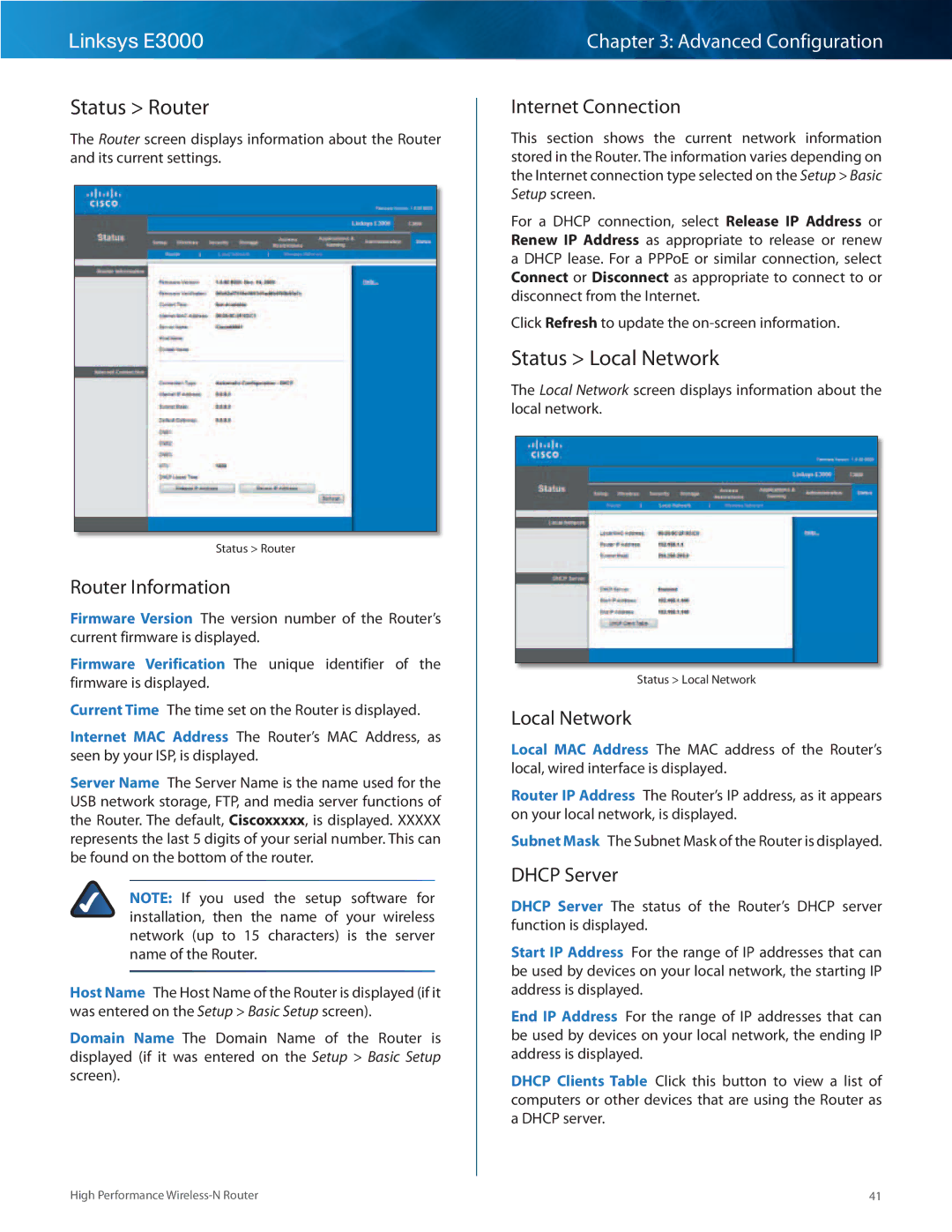 Linksys E3000 manual Status Router, Status Local Network 