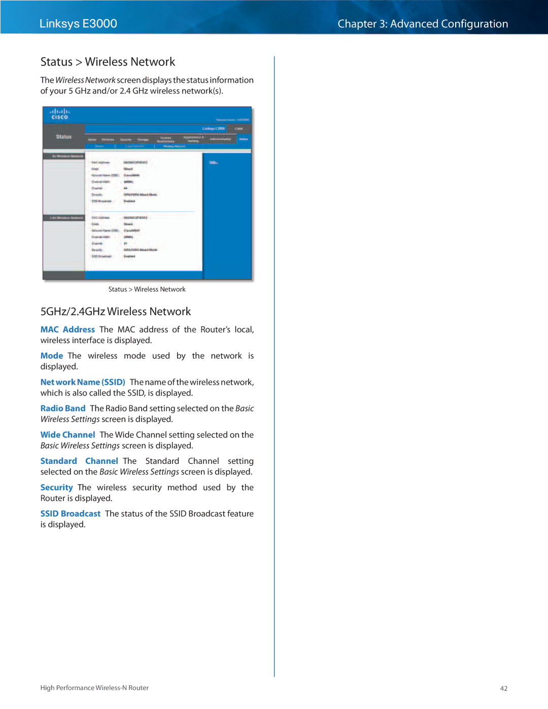 Linksys E3000 manual Status Wireless Network, 5GHz/2..4GHz Wireless Network 