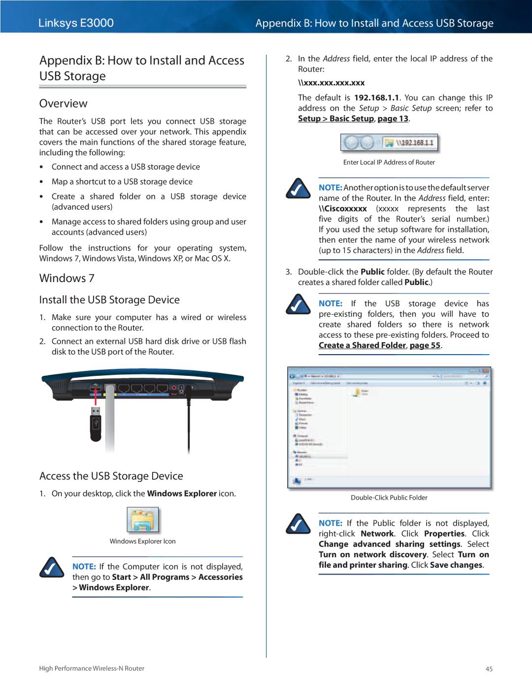 Linksys E3000 manual Appendix B How to Install and Access USB Storage, Overview, Windows, Install the USB Storage Device 