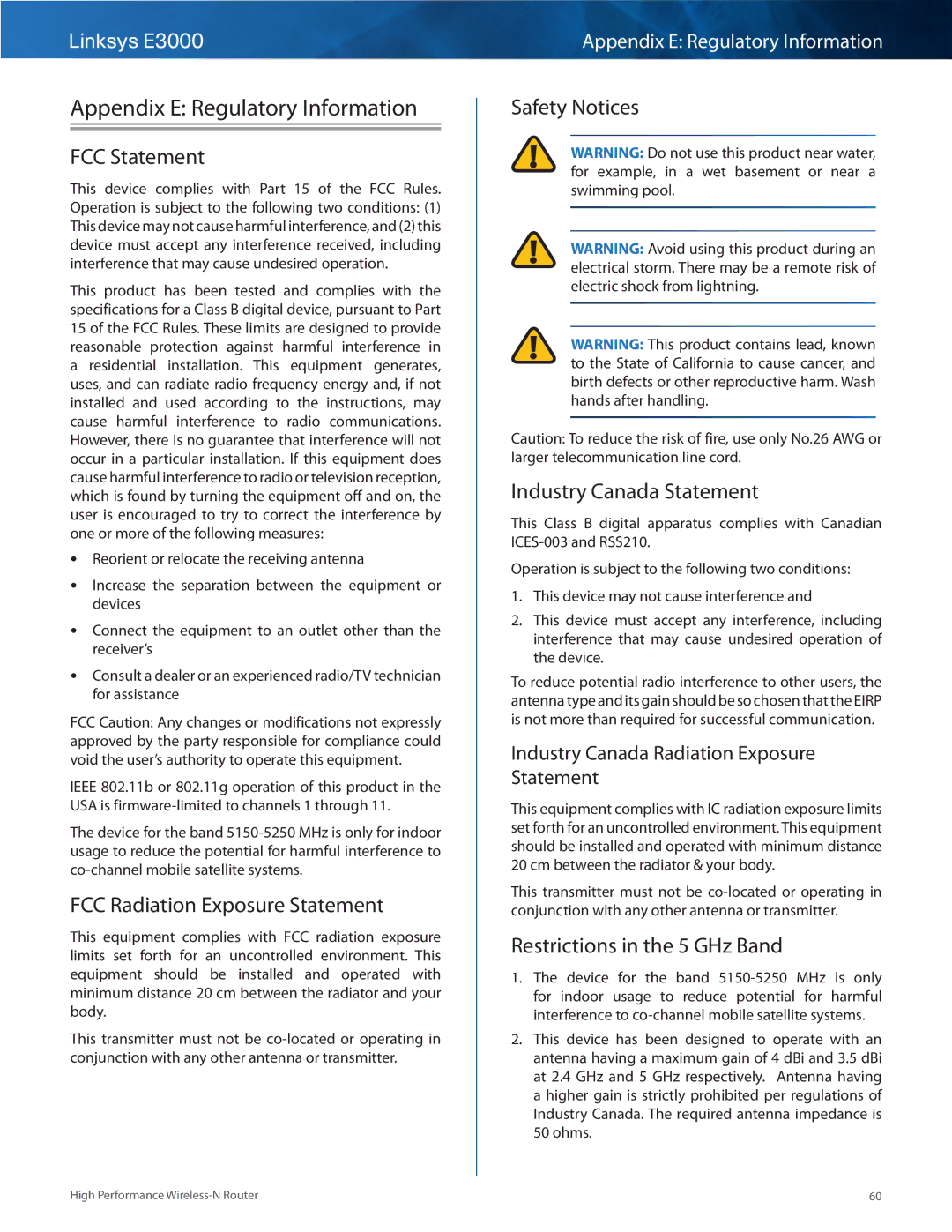 Linksys E3000 manual Appendix E Regulatory Information, FCC Statement, FCC Radiation Exposure Statement 