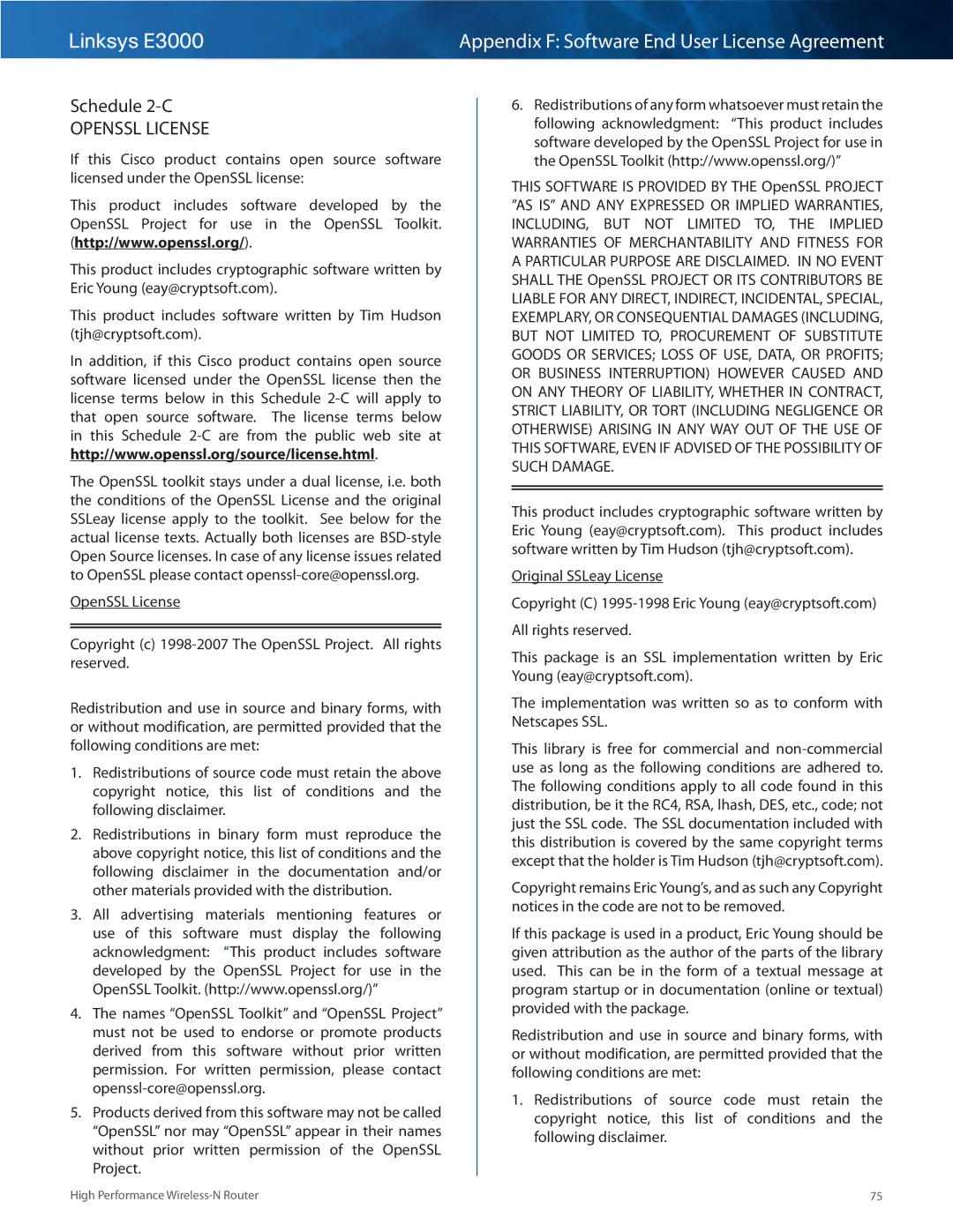 Linksys E3000 manual Schedule 2-C, Openssl License 