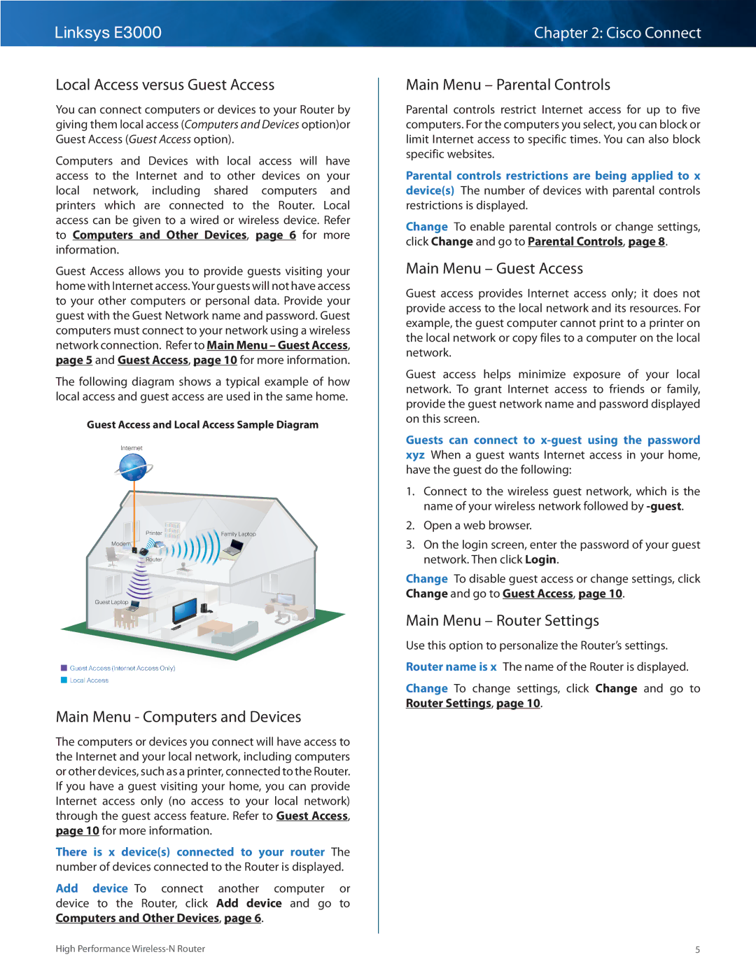 Linksys E3000 manual Local Access versus Guest Access, Main Menu Computers and Devices, Main Menu Parental Controls 