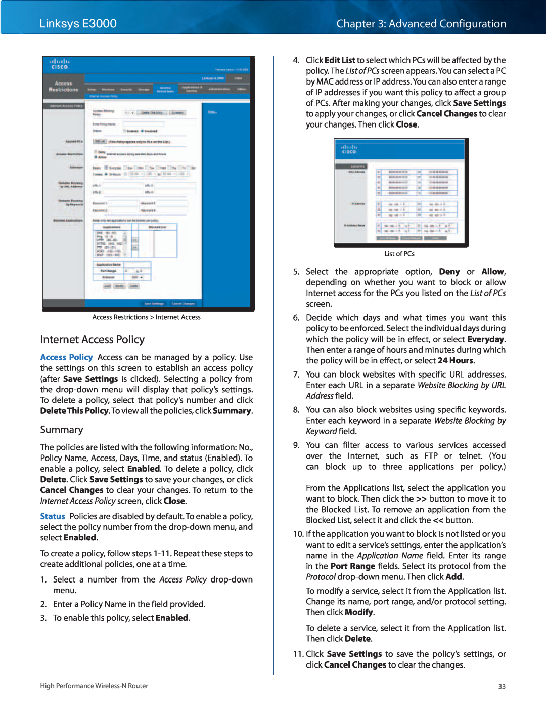Linksys manual Internet Access Policy, Summary, Linksys E3000, Advanced Configuration 