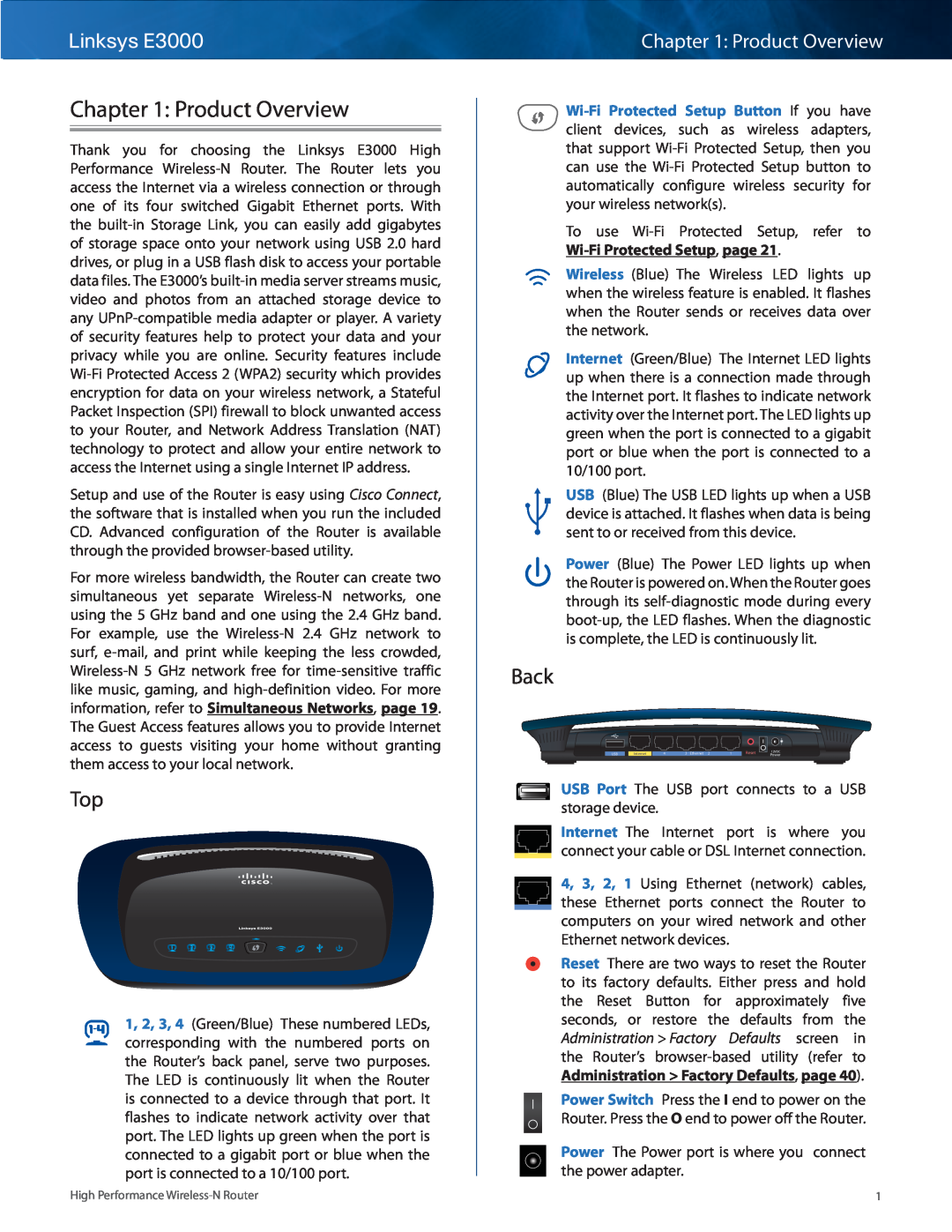 Linksys manual Product Overview, Back, Linksys E3000 