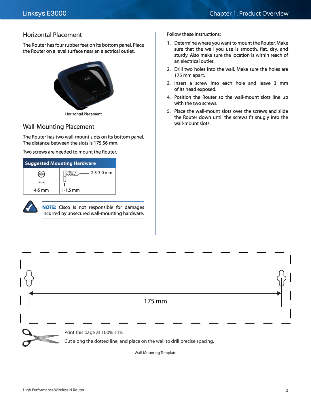 Linksys manual 175 mm, Horizontal Placement, Wall-Mounting Placement, Suggested Mounting Hardware, Linksys E3000 