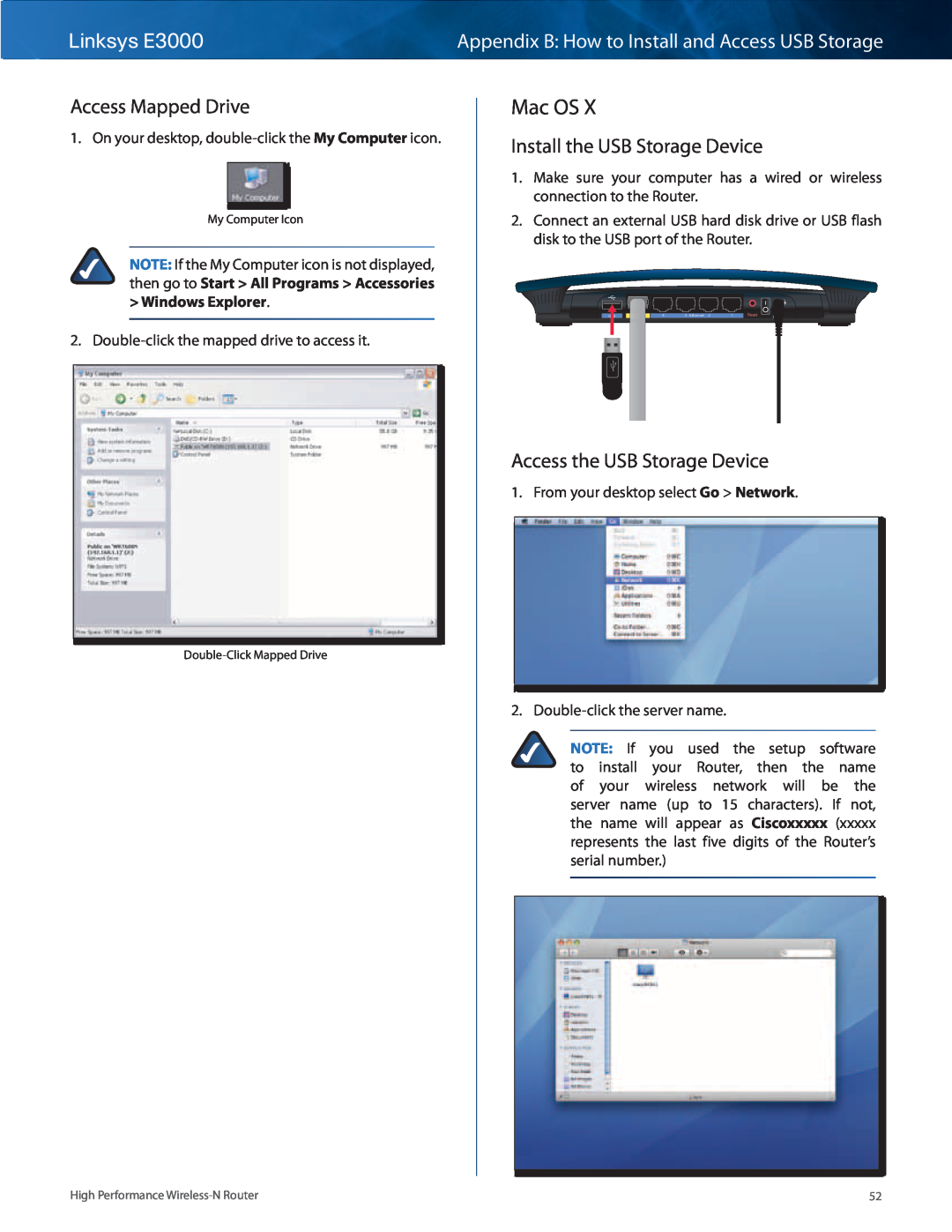 Linksys Mac OS, Linksys E3000, Appendix B How to Install and Access USB Storage, Access Mapped Drive, Windows Explorer 