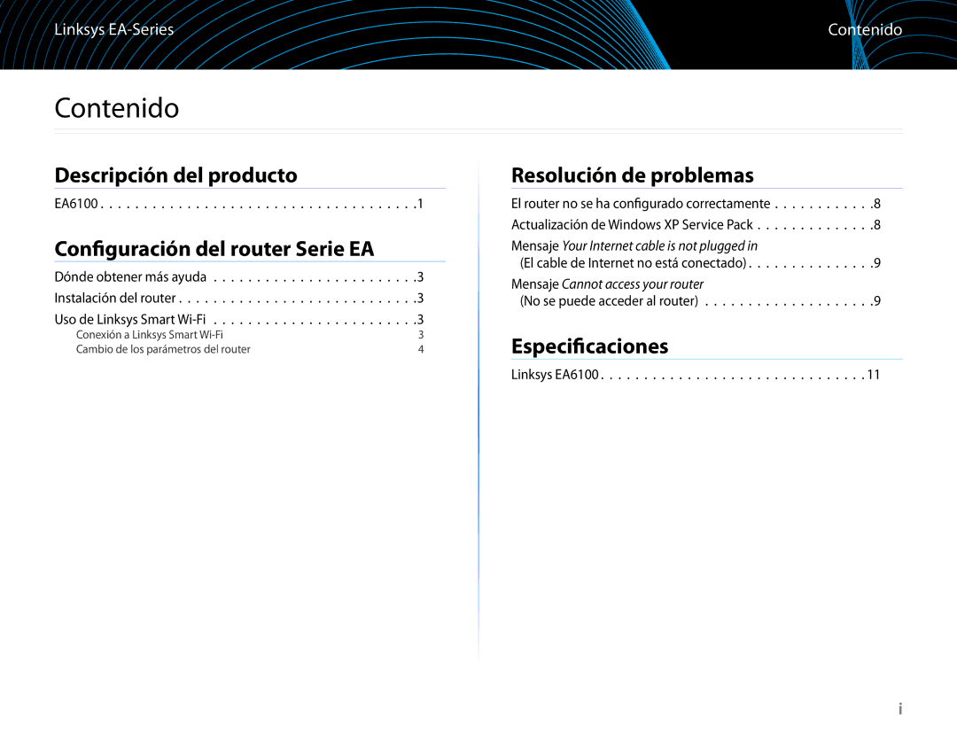 Linksys EA6100 manual Contenido, Linksys EA-Series 