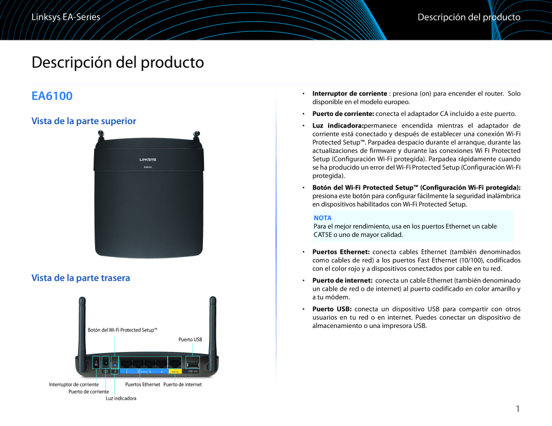 Linksys EA6100 manual Descripción del producto, Vista de la parte superior Vista de la parte trasera 