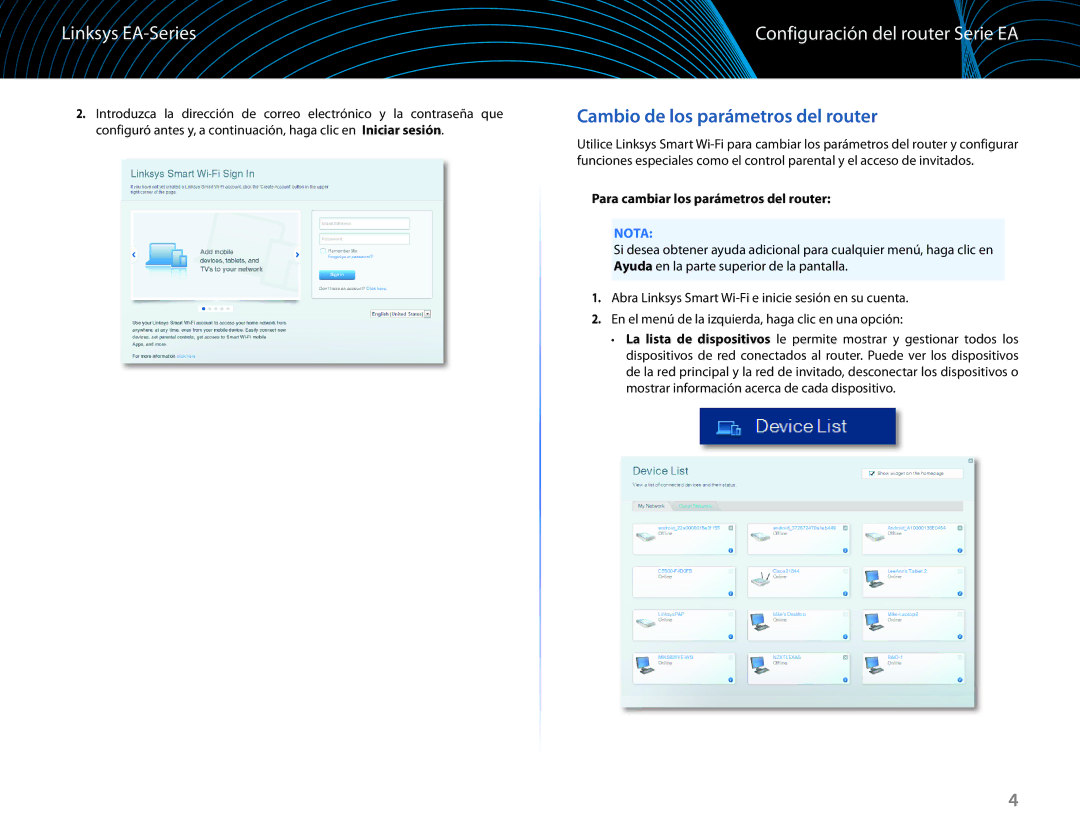 Linksys EA6100 manual Cambio de los parámetros del router, Para cambiar los parámetros del router 