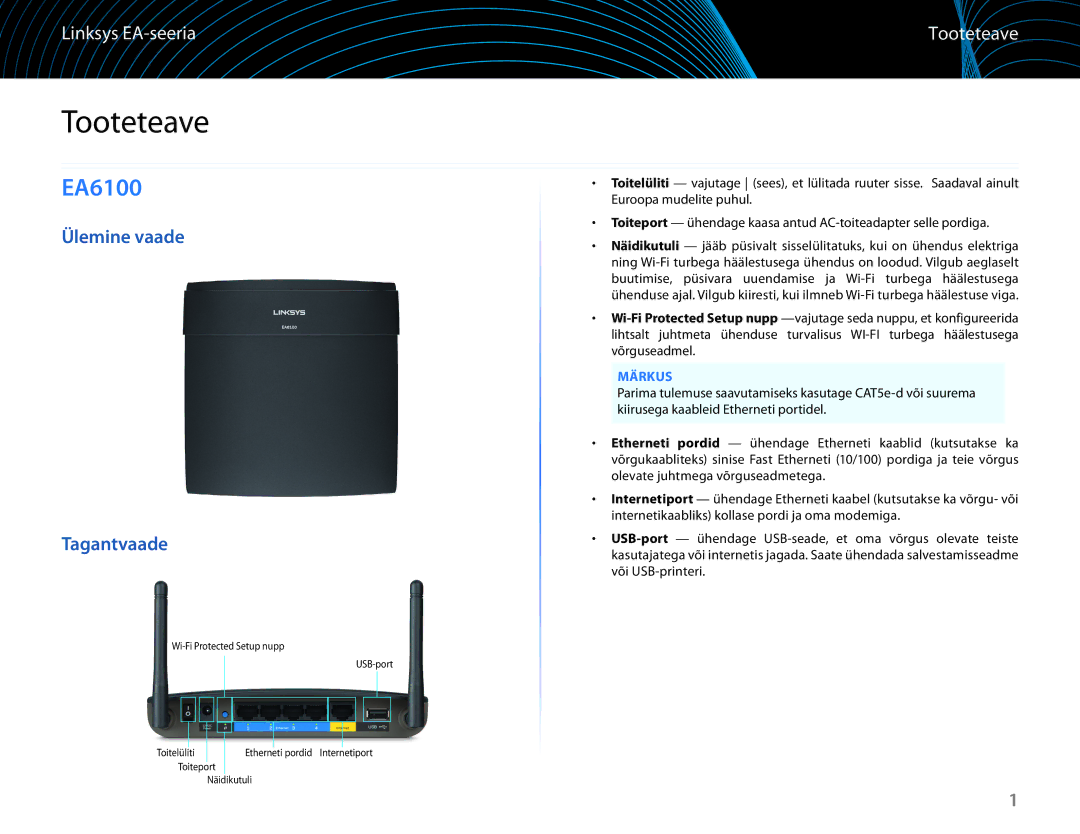 Linksys EA6100 manual Tooteteave, Ülemine vaade Tagantvaade, Märkus 