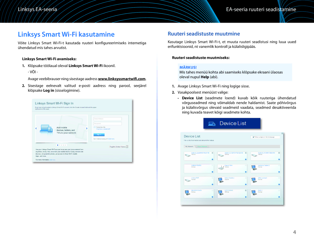 Linksys EA6100 manual Linksys Smart Wi-Fi kasutamine, EA-seeria ruuteri seadistamine, Ruuteri seadistuste muutmine 