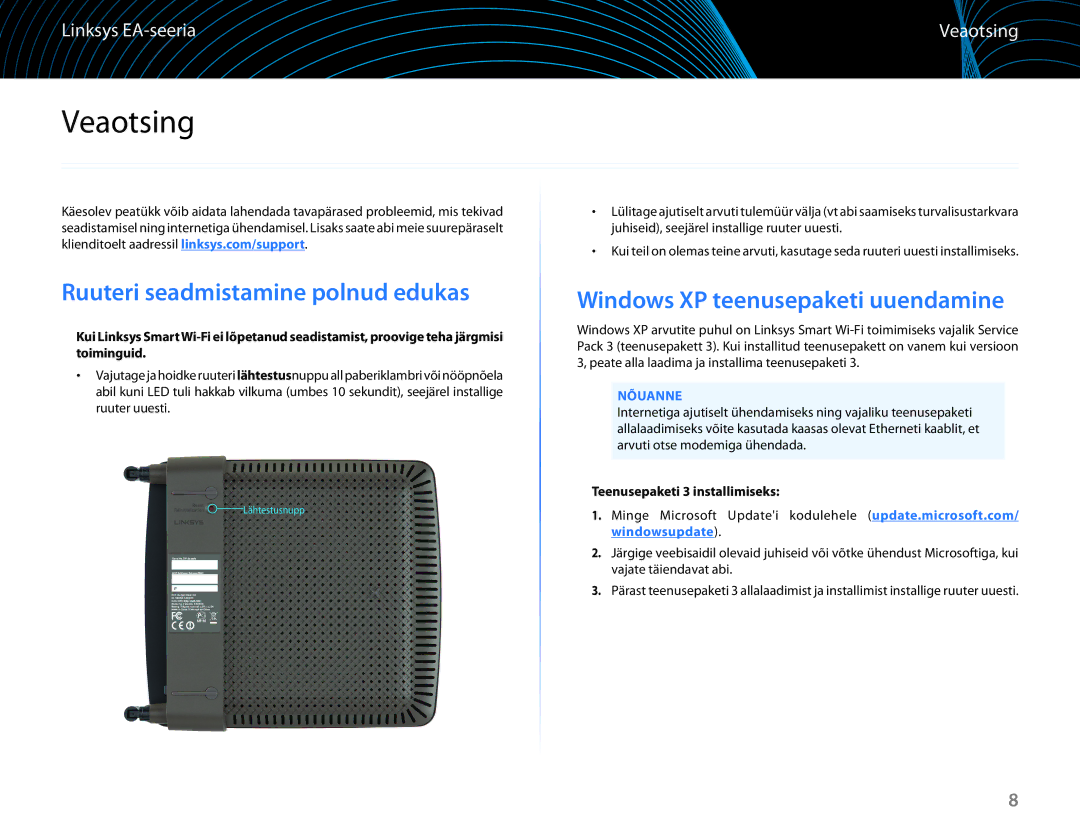 Linksys EA6100 manual Veaotsing, Ruuteri seadmistamine polnud edukas, Windows XP teenusepaketi uuendamine, Nõuanne 