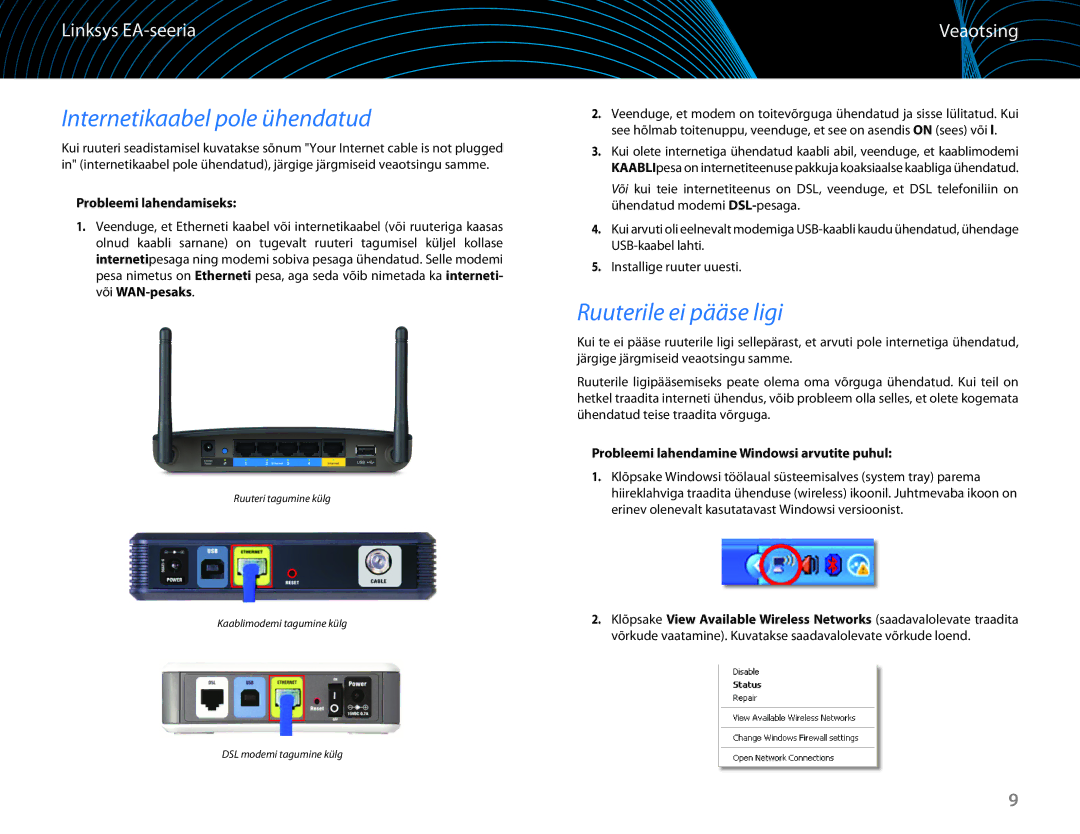 Linksys EA6100 manual Veaotsing, Probleemi lahendamiseks, Probleemi lahendamine Windowsi arvutite puhul 