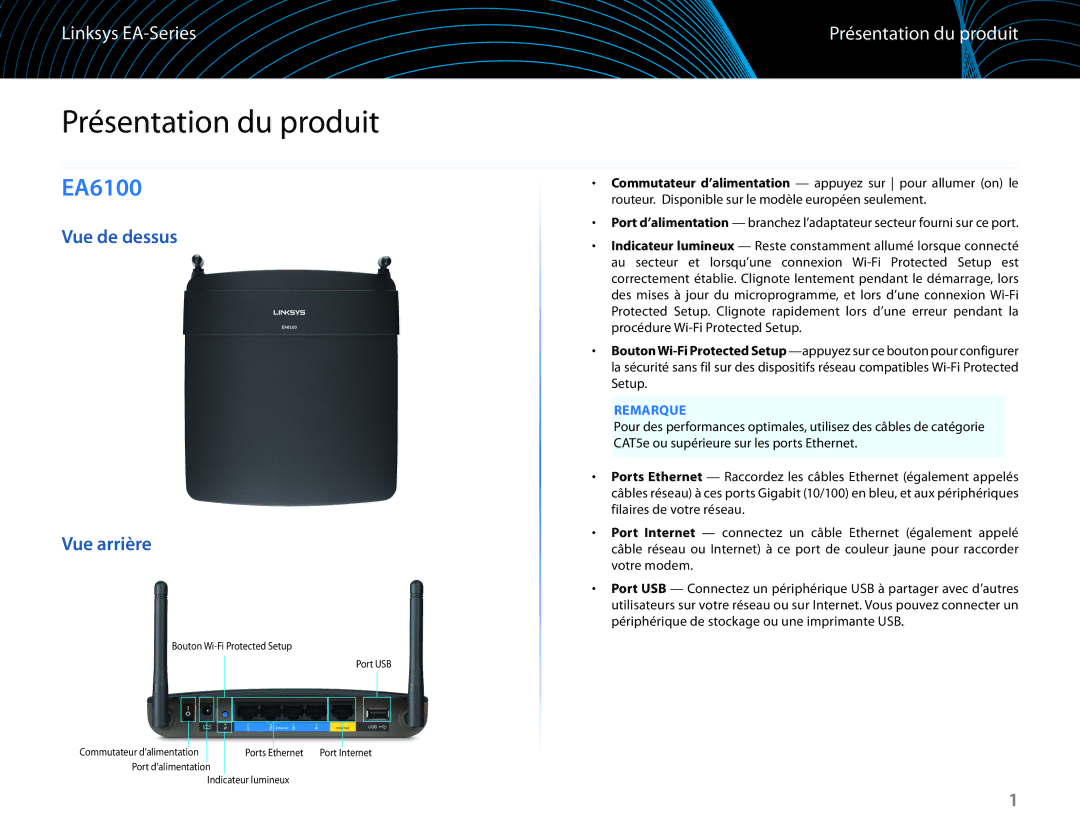 Linksys EA6100 manual Présentation du produit, Vue de dessus Vue arrière, Remarque 