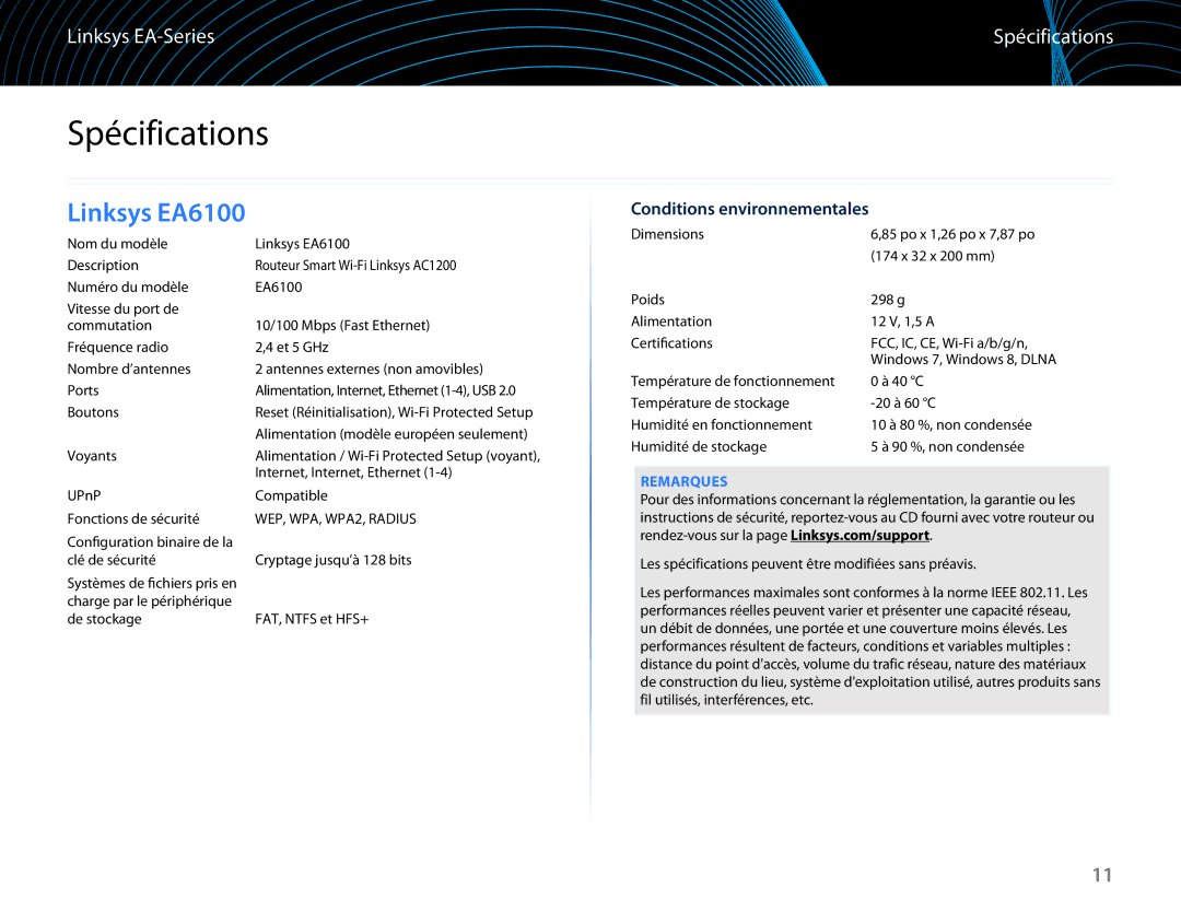 Linksys EA6100 manual Spécifications, Conditions environnementales, Remarques 